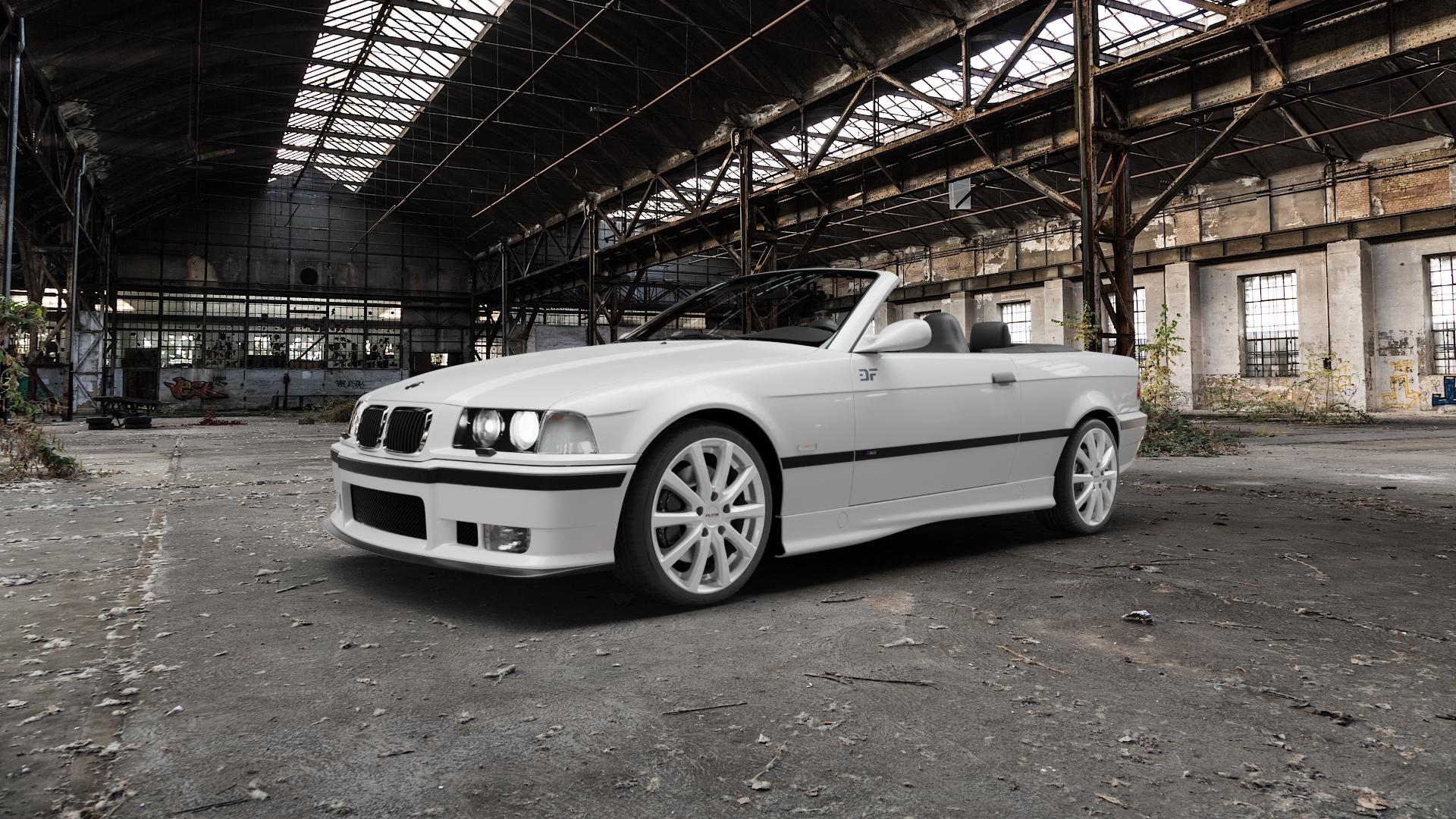 Platin Wheels P 69 polarsilber Felge mit Reifen in 18Zoll Winterfelge Alufelge auf weissem BMW M3 Typ E36 (Cabrio) ⬇️ mit 15mm Tieferlegung ⬇️ Old Industrial Hall_max5000mm_2022 Frontansicht_1