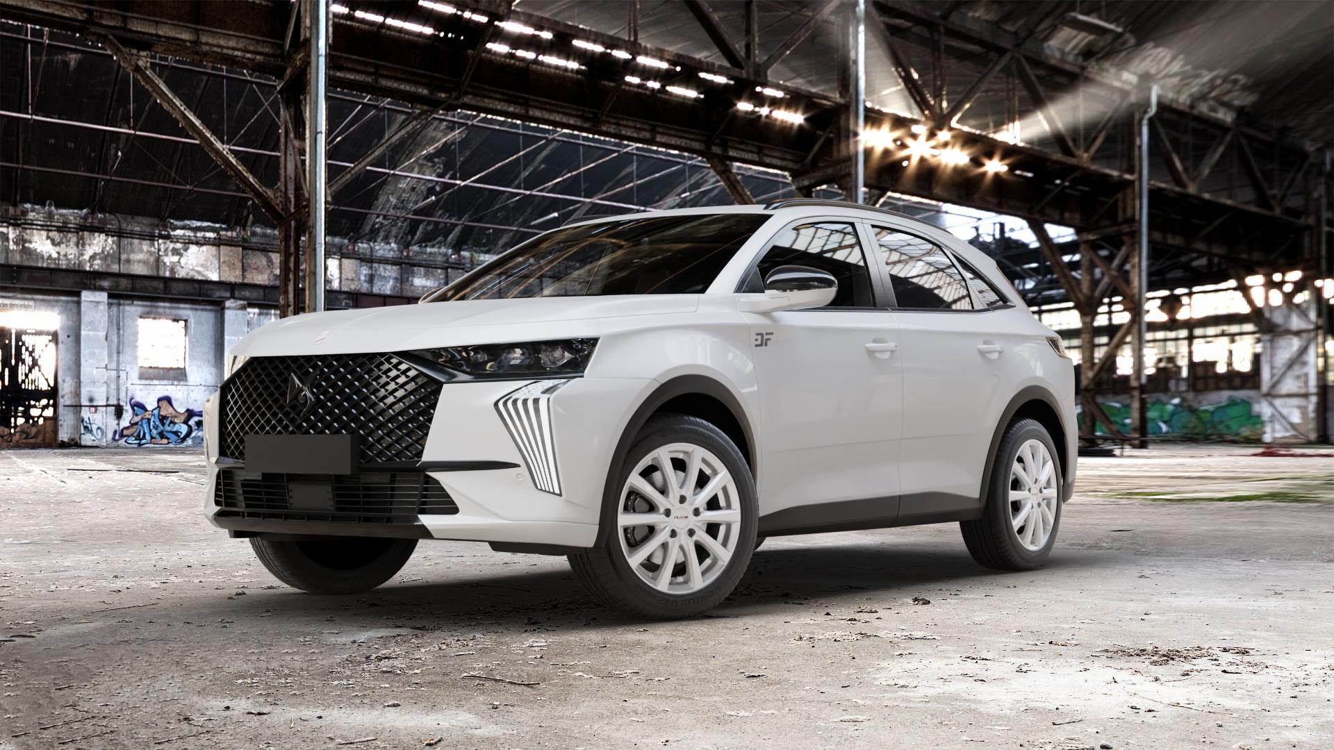 Platin Wheels P 69 polarsilber Felge mit Reifen in 18Zoll Winterfelge Alufelge auf weissem DS Automobiles DS7 Crossback Typ J 1,6l E-Tense 300 147kW (200 PS) 225 133kW (181 4x4 Citroen ⬇️ mit 15mm Tieferlegung ⬇️ Old Industrial Hall_max_5300mm_2024 Frontansicht_1