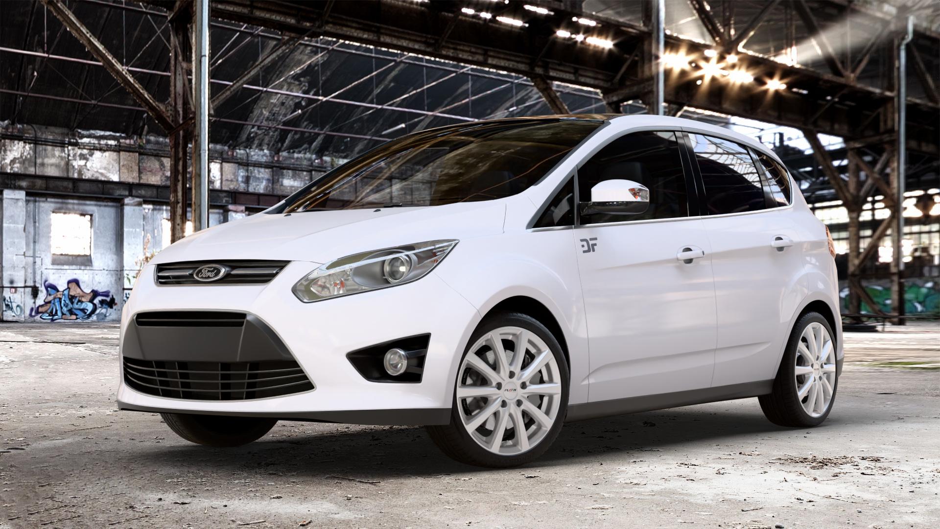 Platin Wheels P 69 polarsilber Felge mit Reifen in 18Zoll Winterfelge Alufelge auf weissem Ford C-Max II Typ DXA (10->) ⬇️ mit 15mm Tieferlegung ⬇️ Old Industrial Hall_max_4400mm_2024 Frontansicht_1
