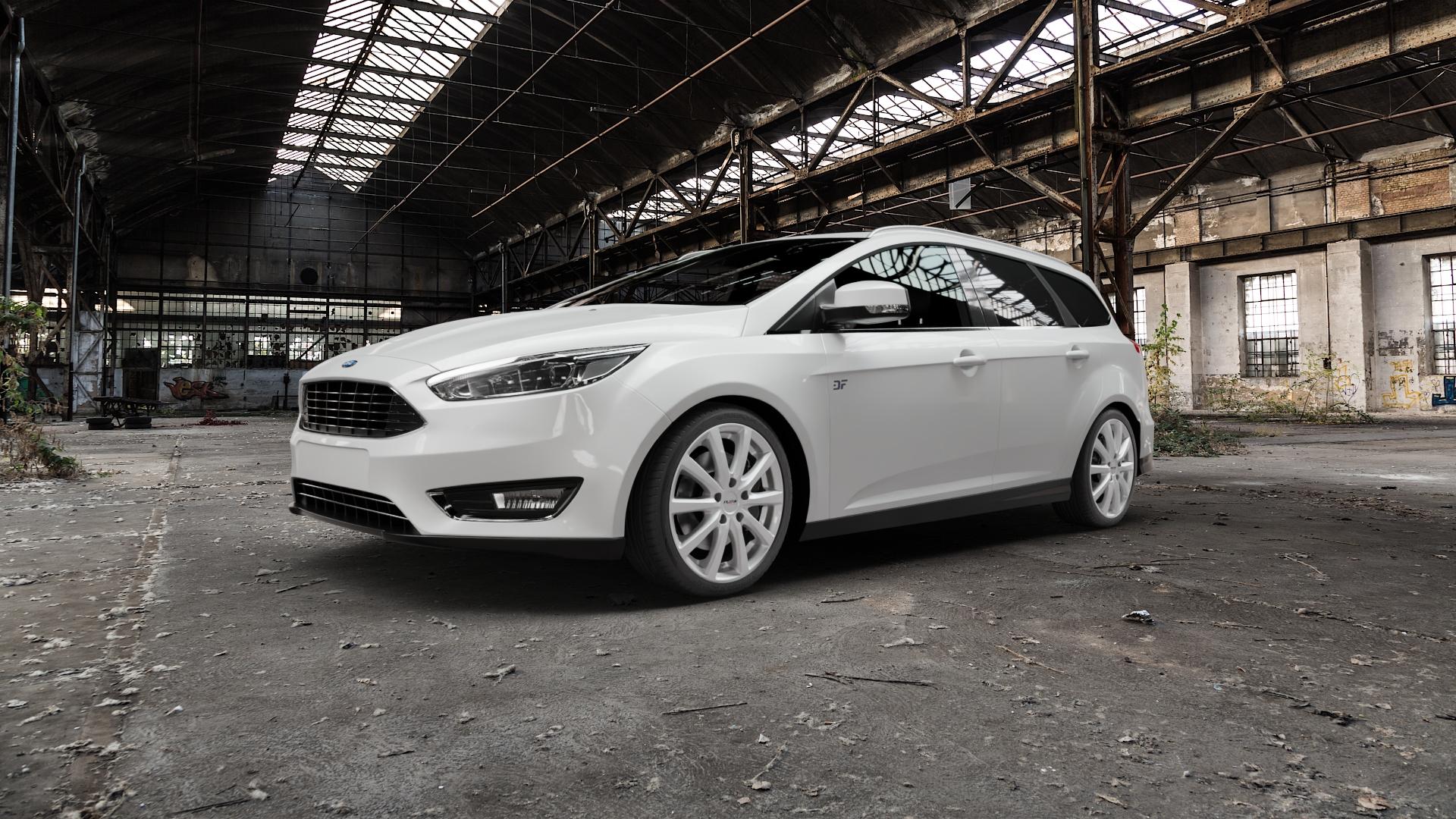 Platin Wheels P 69 polarsilber Felge mit Reifen in 18Zoll Winterfelge Alufelge auf weissem Ford Focus III Typ DYB Facelift (Turnier) ⬇️ mit 15mm Tieferlegung ⬇️ Old Industrial Hall_max5000mm_2022 Frontansicht_1