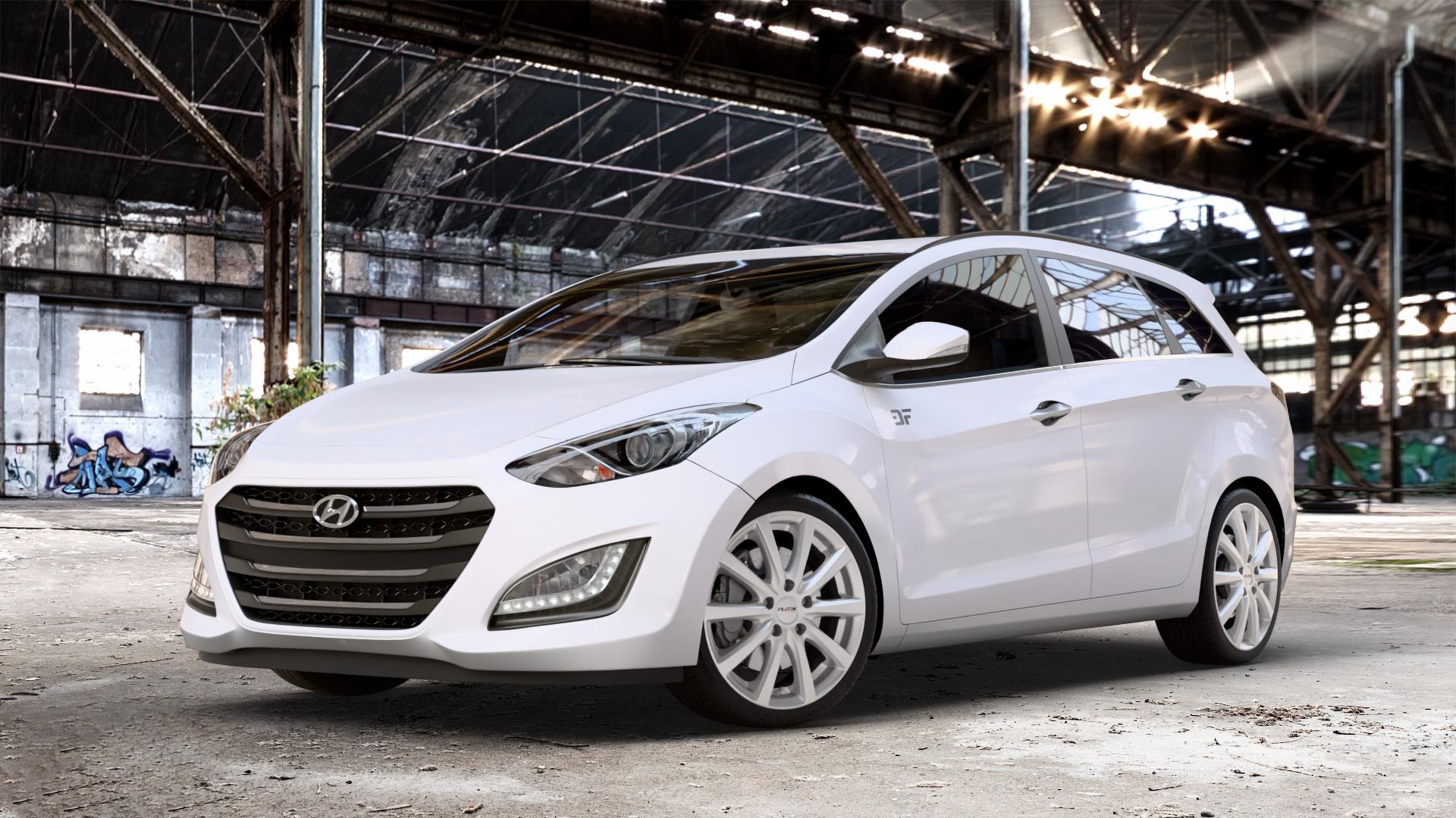 Platin Wheels P 69 polarsilber Felge mit Reifen in 18Zoll Winterfelge Alufelge auf weissem Hyundai i30 Typ FDH Kombi GDH Facelift ⬇️ mit 15mm Tieferlegung ⬇️ Old Industrial Hall_max_4400mm_2024 Frontansicht_1