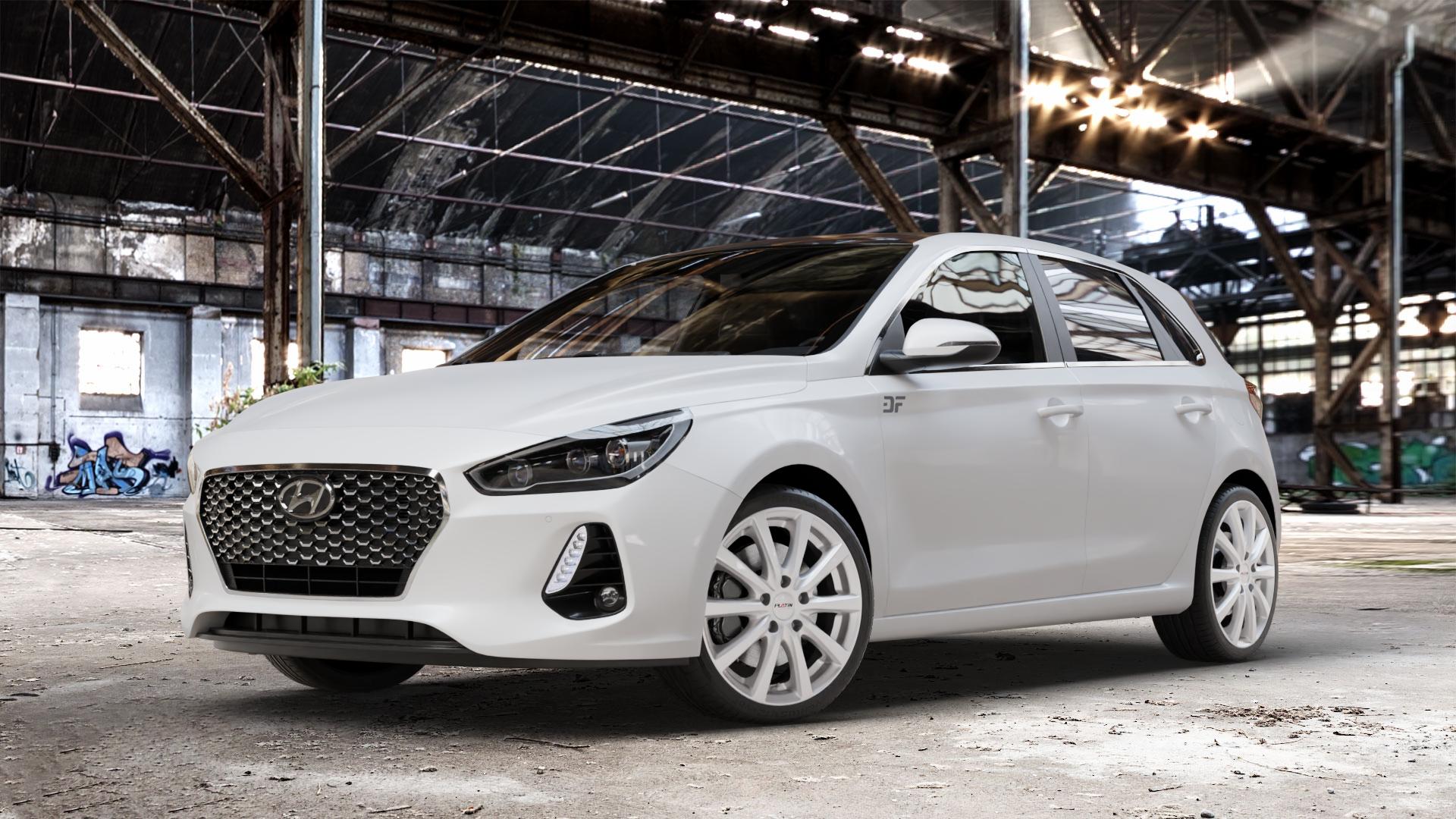 Platin Wheels P 69 polarsilber Felge mit Reifen in 18Zoll Winterfelge Alufelge auf weissem Hyundai i30 Typ PDE 1,0l T-GDI 88kW (120 PS) 1,4l MPI 73kW (99 103kW (140 1,6l CRDi 70kW (95 81kW (110 100kW (136 85kW (116 ⬇️ mit 15mm Tieferlegung ⬇️ Old Industrial Hall_max_4400mm_2024 Frontansicht_1