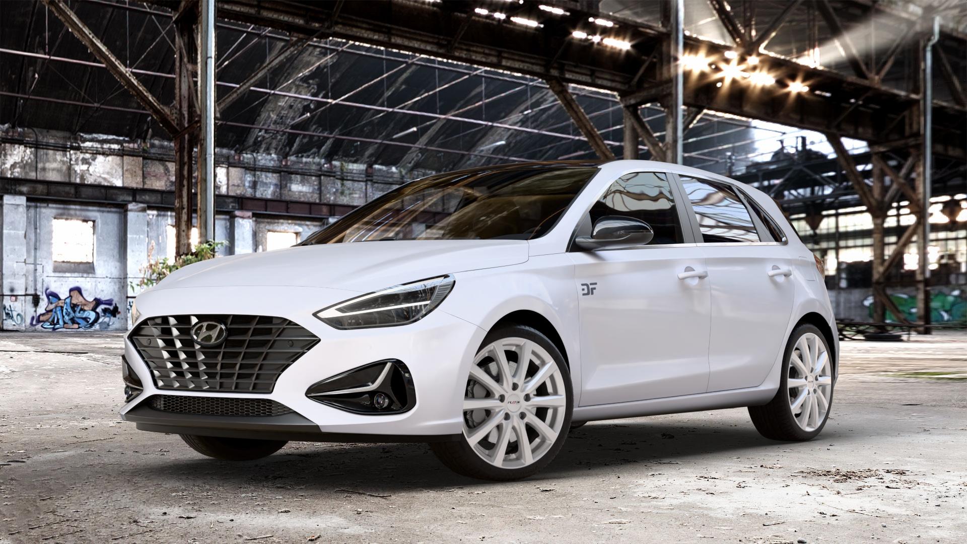 Platin Wheels P 69 polarsilber Felge mit Reifen in 18Zoll Winterfelge Alufelge auf weissem Hyundai i30 Typ PDE Facelift 1,0l T-GDI 88kW Mild-Hybrid (120 PS) 1,5l 117kW (159 81kW (110 1,6l CRDi 85kW (116 100kW (136 II ⬇️ mit 15mm Tieferlegung ⬇️ Old Industrial Hall_max_4400mm_2024 Frontansicht_1
