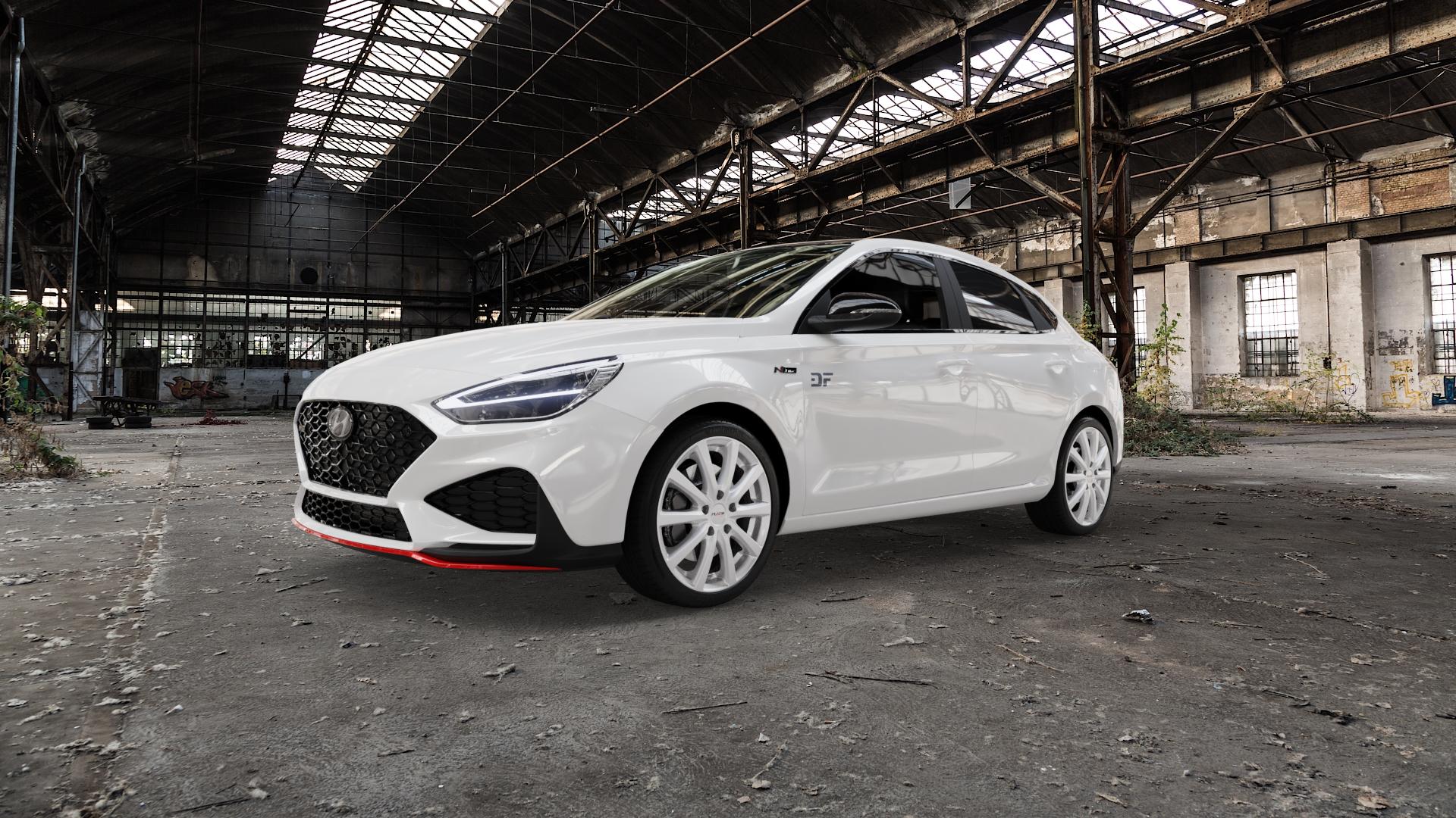 Platin Wheels P 69 polarsilber Felge mit Reifen in 18Zoll Winterfelge Alufelge auf weissem Hyundai i30 Typ PDE Fastback Facelift 1,5l T-GDI 117kW Mild-Hybrid (159 PS) 1,6l CRDi 100kW (136 118kW (160 2,0l 206kW N (280 II ⬇️ mit 15mm Tieferlegung ⬇️ Old Industrial Hall_max5000mm_2022 Frontansicht_1