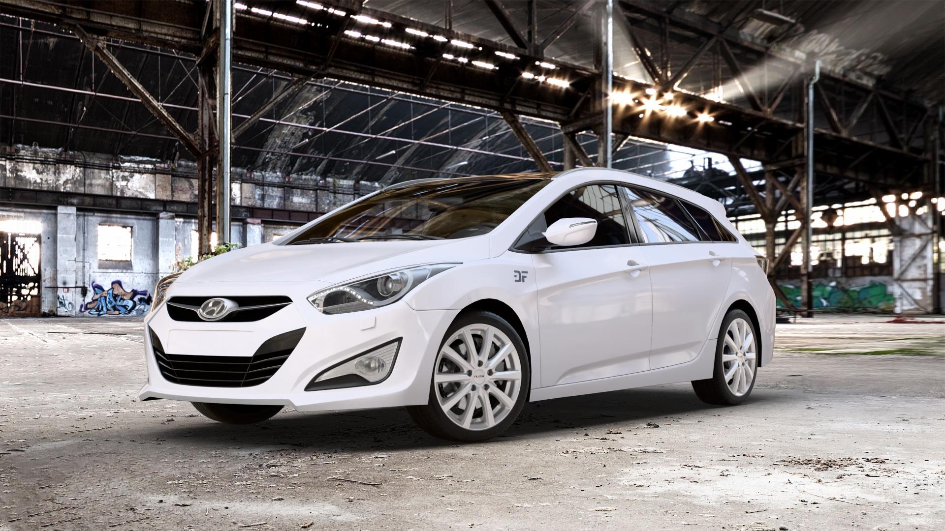 Platin Wheels P 69 polarsilber Felge mit Reifen in 18Zoll Winterfelge Alufelge auf weissem Hyundai i40 Typ VF Limousine Kombi Facelift ⬇️ mit 15mm Tieferlegung ⬇️ Old Industrial Hall_max_5300mm_2024 Frontansicht_1