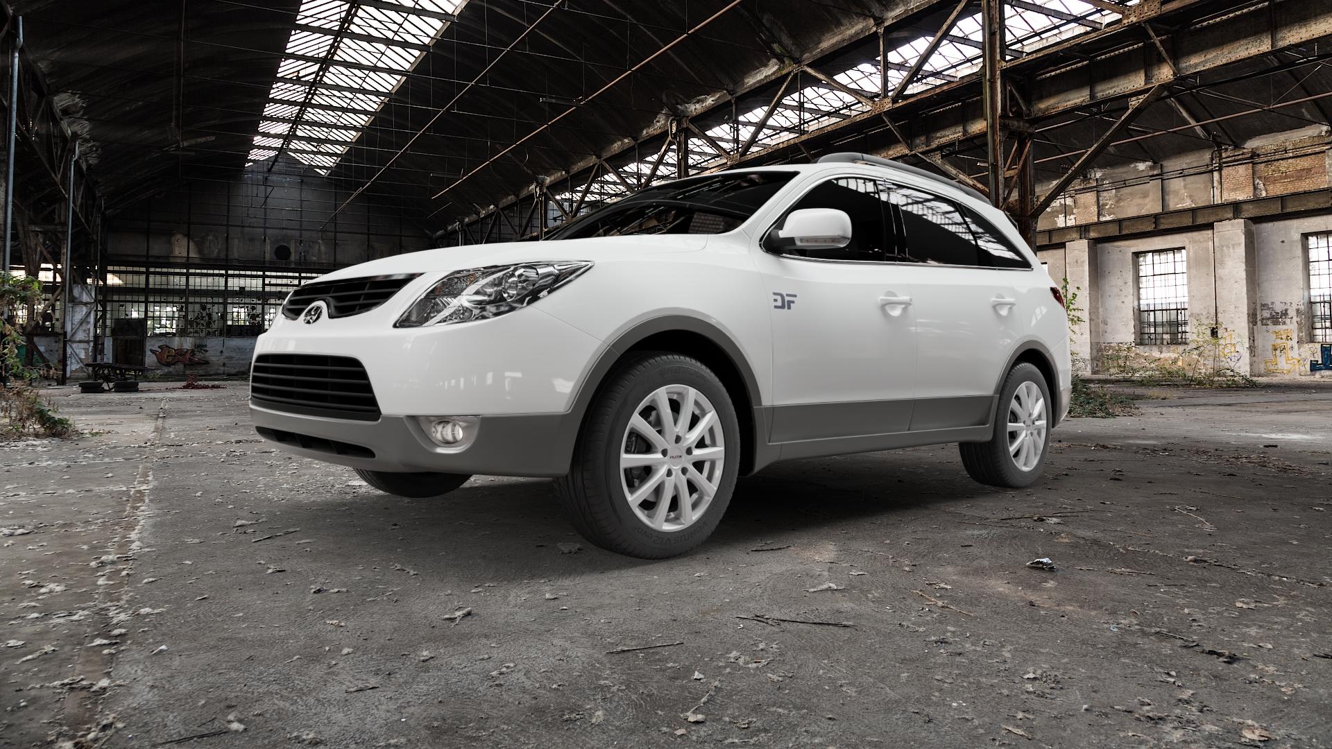 Platin Wheels P 69 polarsilber Felge mit Reifen in 18Zoll Winterfelge Alufelge auf weissem Hyundai ix55 Typ EN ⬇️ mit 15mm Tieferlegung ⬇️ Old Industrial Hall_max5000mm_2022 Frontansicht_1