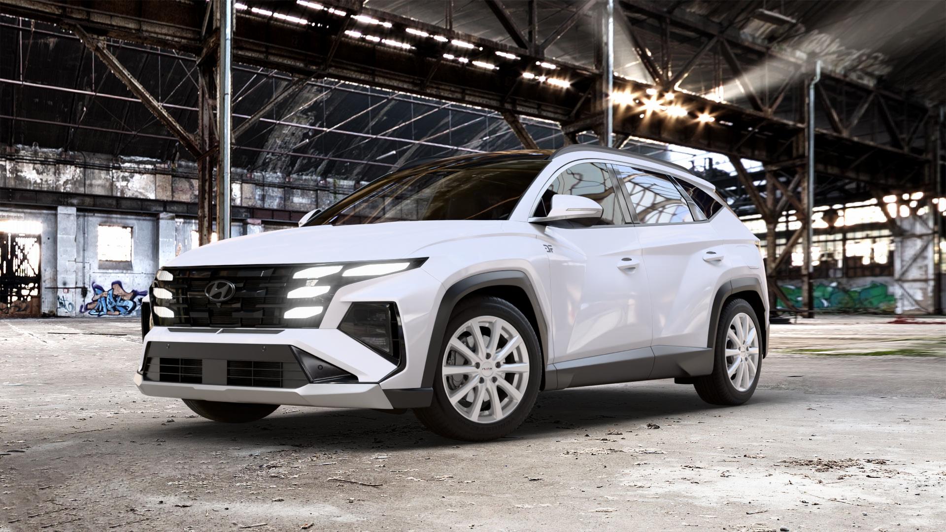 Platin Wheels P 69 polarsilber Felge mit Reifen in 18Zoll Winterfelge Alufelge auf weissem Hyundai Tucson III Typ NX4e Facelift ⬇️ mit 15mm Tieferlegung ⬇️ Old Industrial Hall_max_5300mm_2024 Frontansicht_1