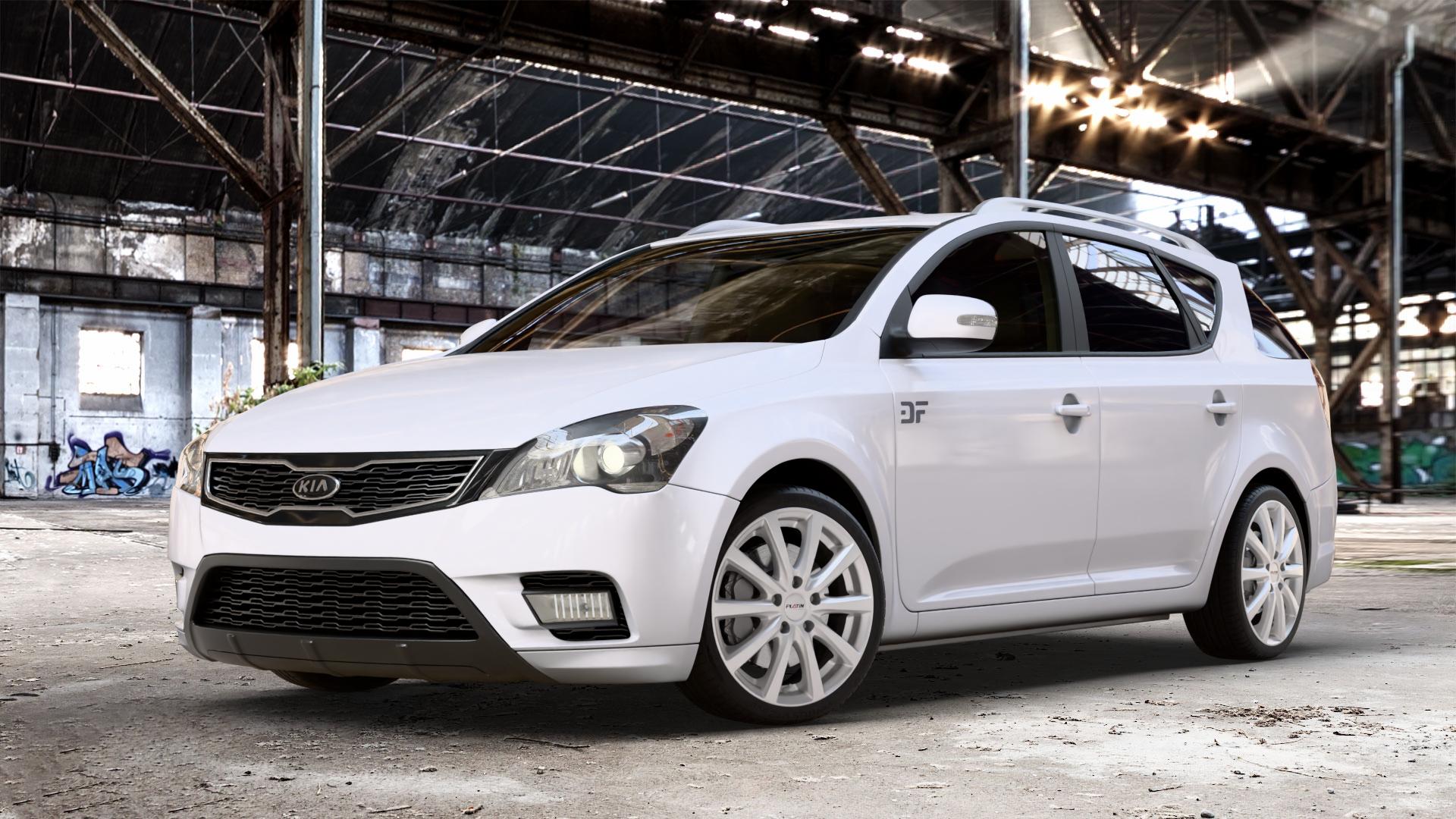 Platin Wheels P 69 polarsilber Felge mit Reifen in 18Zoll Winterfelge Alufelge auf weissem Kia Cee d Kombi Typ ED Facelift ⬇️ mit 15mm Tieferlegung ⬇️ Old Industrial Hall_max_4400mm_2024 Frontansicht_1