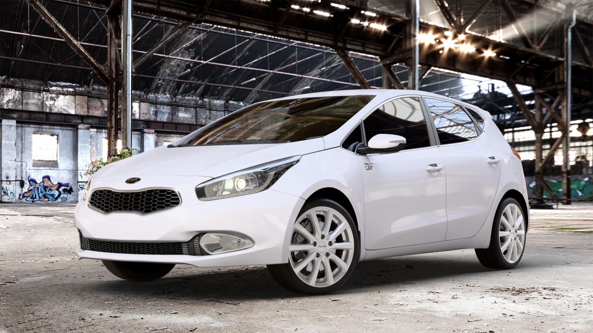 Platin Wheels P 69 polarsilber Felge mit Reifen in 18Zoll Winterfelge Alufelge auf weissem Kia Cee d Schrägheck Typ JD Kombi Facelift ⬇️ mit 15mm Tieferlegung ⬇️ Old Industrial Hall_max_4400mm_2024 Frontansicht_1