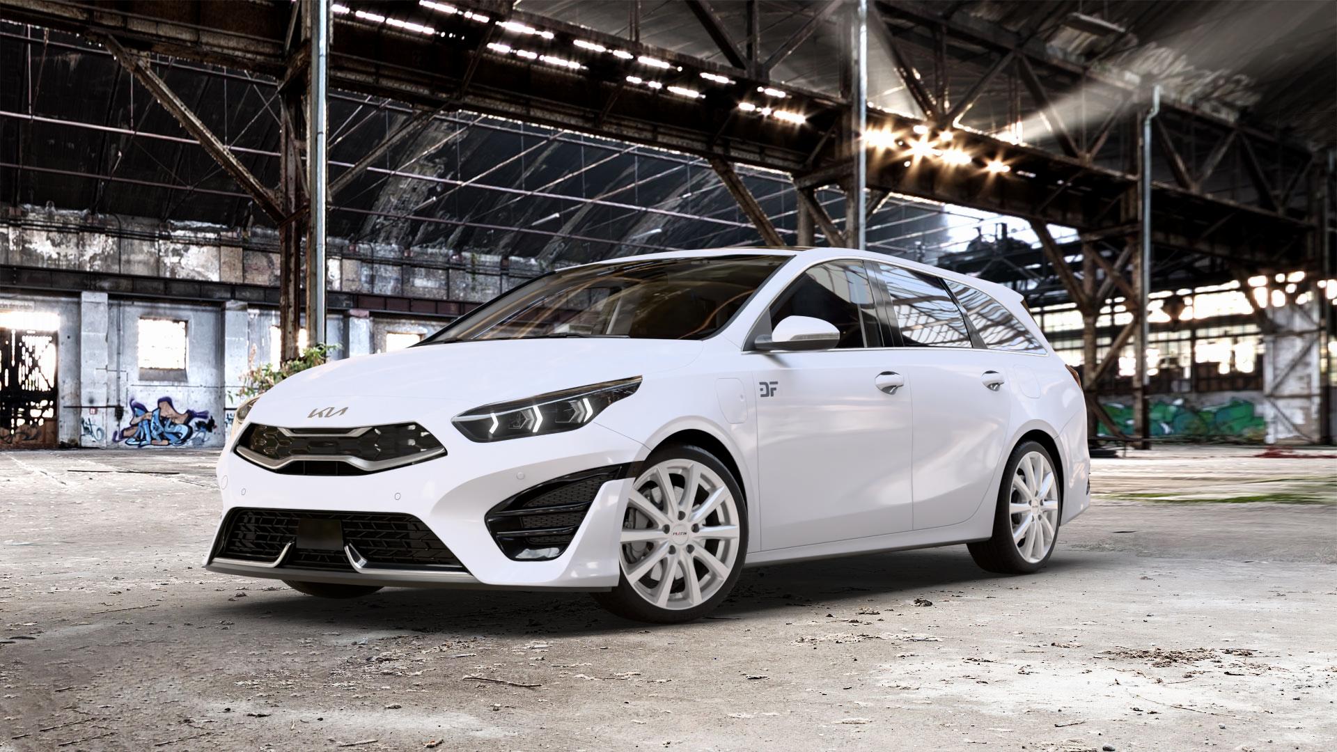 Platin Wheels P 69 polarsilber Felge mit Reifen in 18Zoll Winterfelge Alufelge auf weissem Kia Ceed Kombi Typ CD Facelift 1,0l T-GDI 88kW Mild-Hybrid (120 PS) 74kW (101 1,5l 118kW (160 1,6l CRDi 100kW (136 GDI 77kW Hybrid (105 103kW (140 ⬇️ mit 15mm Tieferlegung ⬇️ Old Industrial Hall_max_5300mm_2024 Frontansicht_1