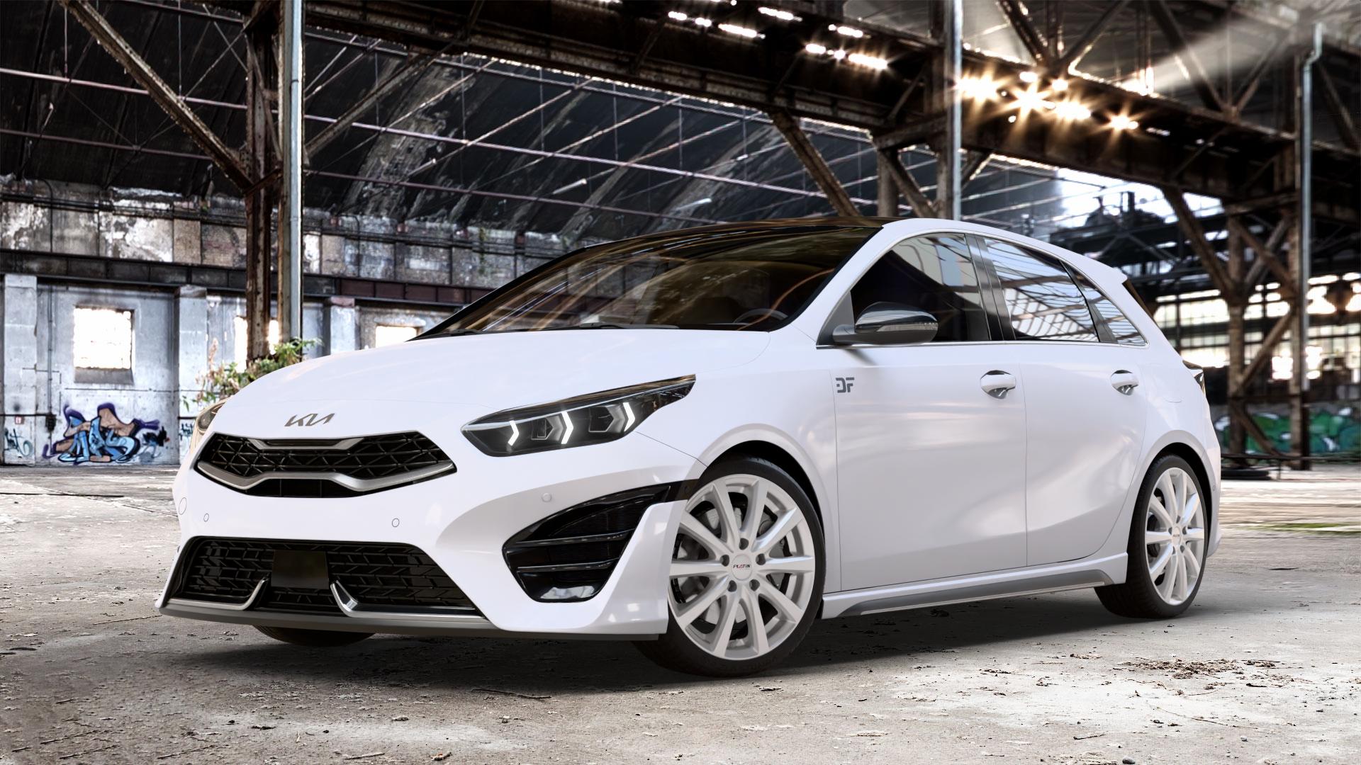 Platin Wheels P 69 polarsilber Felge mit Reifen in 18Zoll Winterfelge Alufelge auf weissem Kia Ceed Schrägheck Typ CD Facelift 1,0l T-GDI 88kW Mild-Hybrid (120 PS) 74kW (101 1,5l 118kW (160 1,6l 150kW GT (204 CRDi 100kW (136 103kW (140 ⬇️ mit 15mm Tieferlegung ⬇️ Old Industrial Hall_max_4400mm_2024 Frontansicht_1