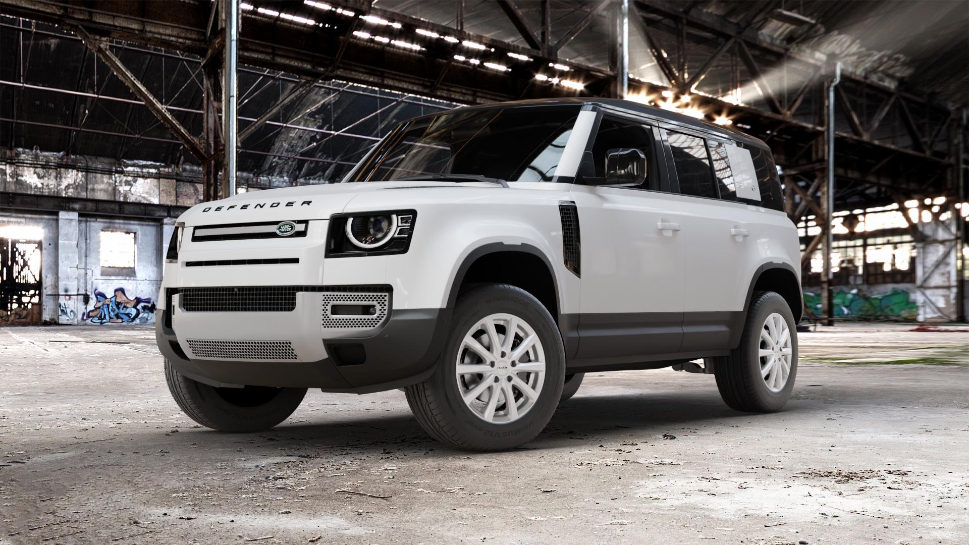 Platin Wheels P 69 polarsilber Felge mit Reifen in 18Zoll Winterfelge Alufelge auf weissem Land Rover Defender 110 Typ LE ⬇️ mit 15mm Tieferlegung ⬇️ Old Industrial Hall_max_5300mm_2024 Frontansicht_1