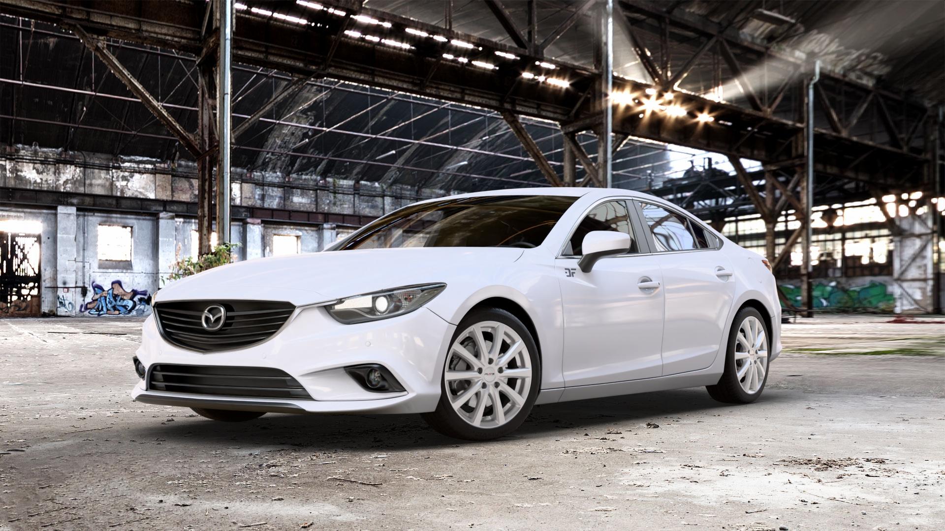 Platin Wheels P 69 polarsilber Felge mit Reifen in 18Zoll Winterfelge Alufelge auf weissem Mazda 6 III (12-15) Limousine (GJ/GH) (15-18) (GH) Facelift (GJ) ⬇️ mit 15mm Tieferlegung ⬇️ Old Industrial Hall_max_5300mm_2024 Frontansicht_1