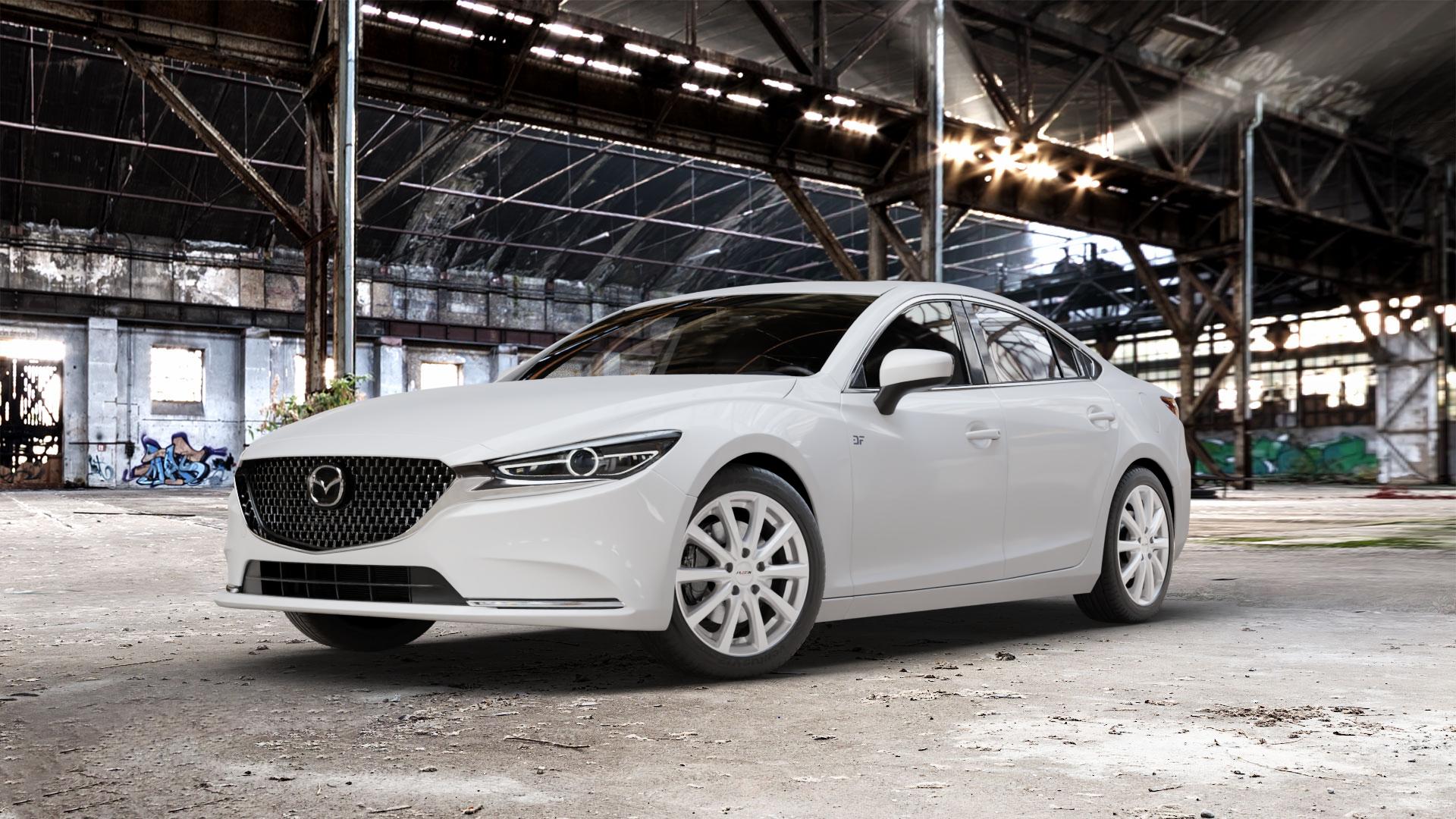 Platin Wheels P 69 polarsilber Felge mit Reifen in 18Zoll Winterfelge Alufelge auf weissem Mazda 6 III (18-) Limousine (GH) Facelift ⬇️ mit 15mm Tieferlegung ⬇️ Old Industrial Hall_max_5300mm_2024 Frontansicht_1