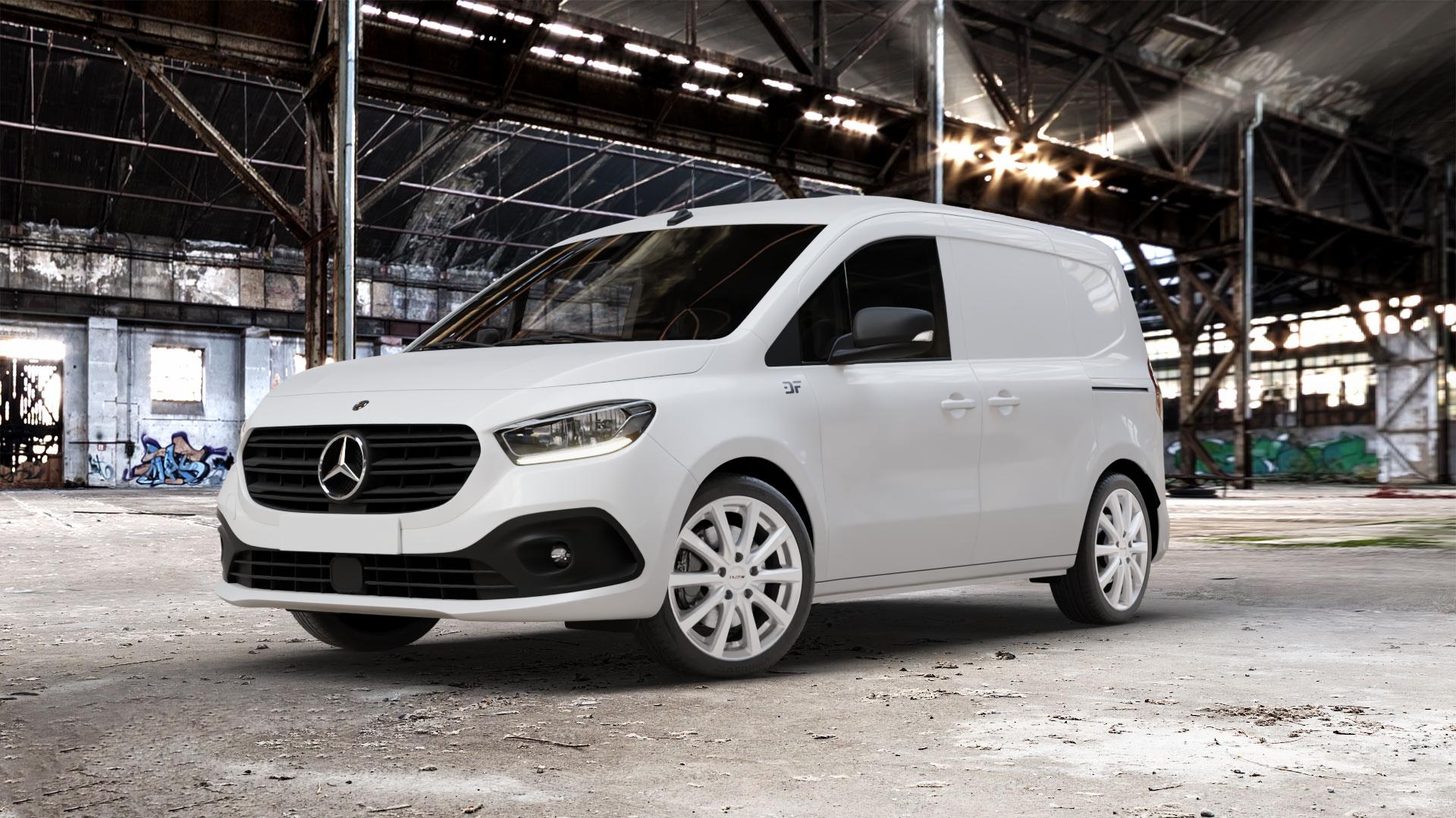 Platin Wheels P 69 polarsilber Felge mit Reifen in 18Zoll Winterfelge Alufelge auf weissem Mercedes Citan Kasten Typ W420 ⬇️ mit 15mm Tieferlegung ⬇️ Old Industrial Hall_max_5300mm_2024 Frontansicht_1