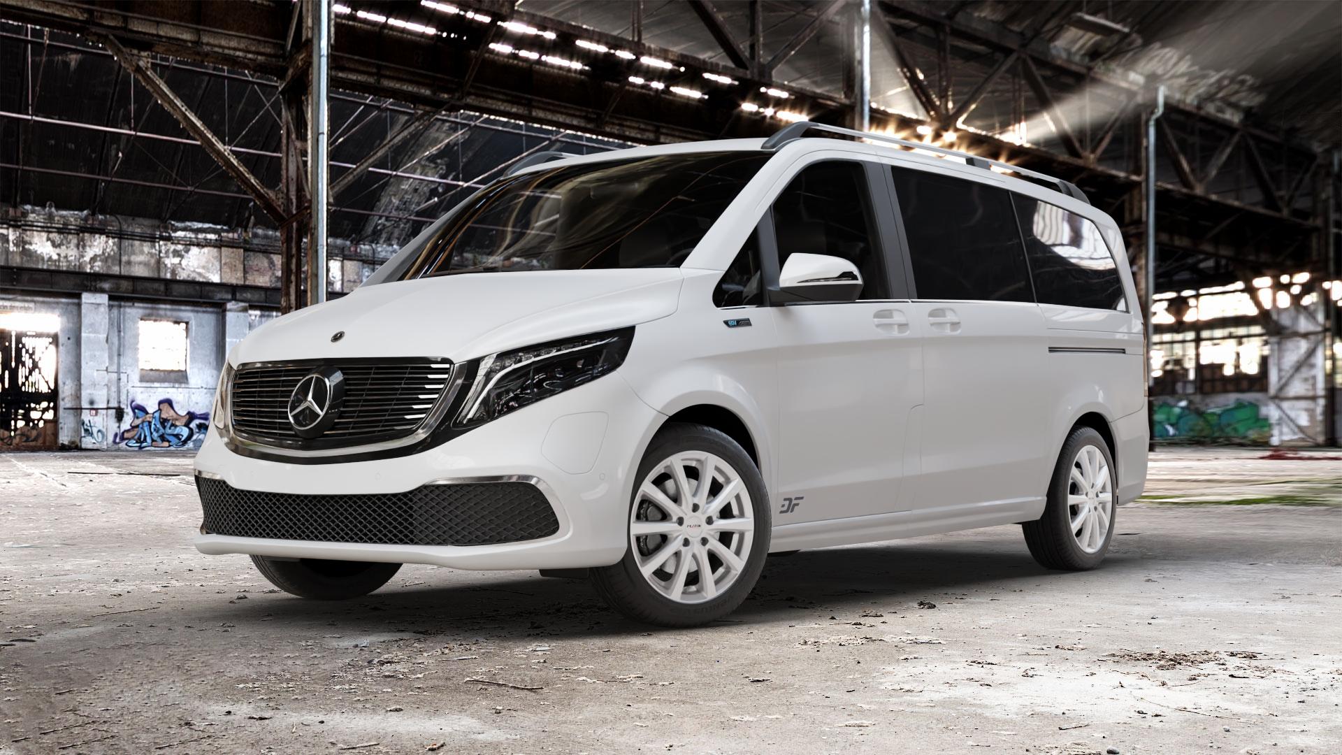 Platin Wheels P 69 polarsilber Felge mit Reifen in 18Zoll Winterfelge Alufelge auf weissem Mercedes EQV Typ 639/2 ⬇️ mit 15mm Tieferlegung ⬇️ Old Industrial Hall_max_5300mm_2024 Frontansicht_1