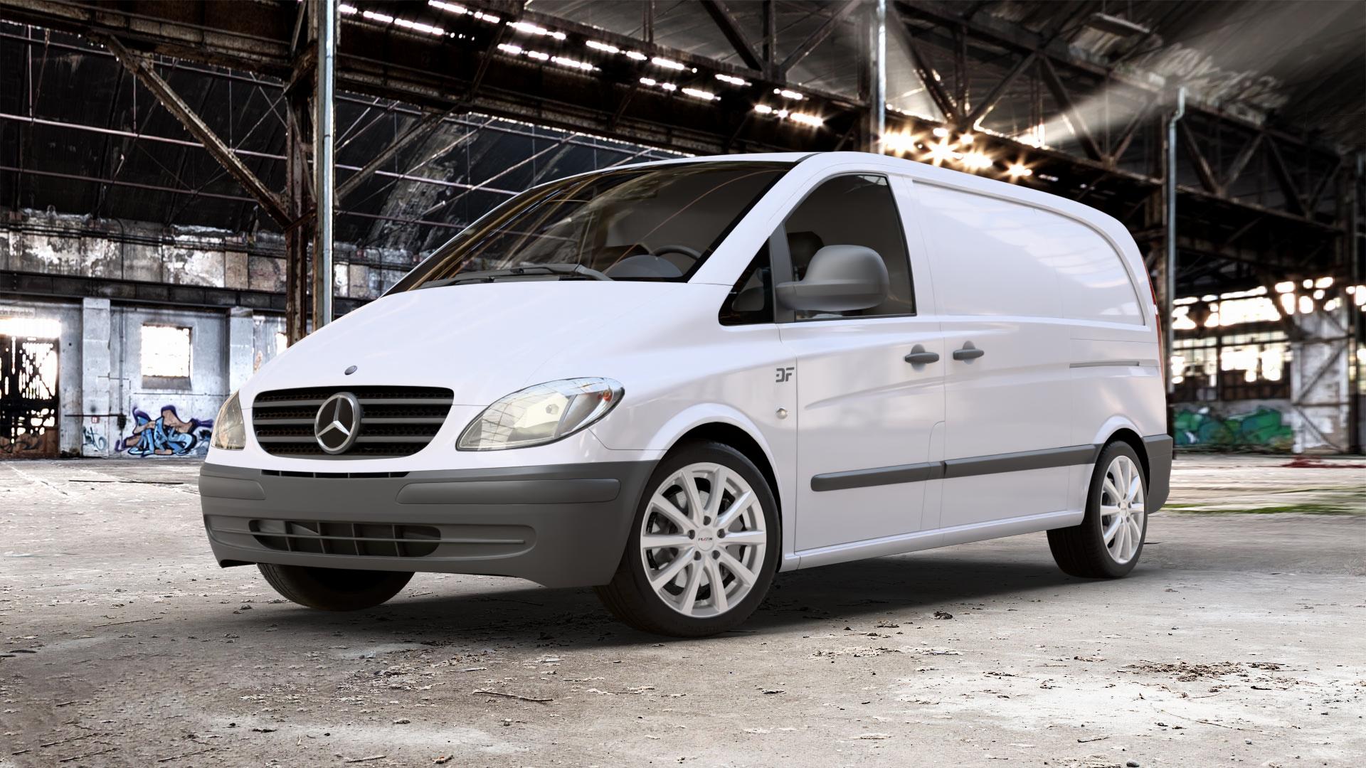 Platin Wheels P 69 polarsilber Felge mit Reifen in 18Zoll Winterfelge Alufelge auf weissem Mercedes Vito Kasten Typ 639 ⬇️ mit 15mm Tieferlegung ⬇️ Old Industrial Hall_max_5300mm_2024 Frontansicht_1