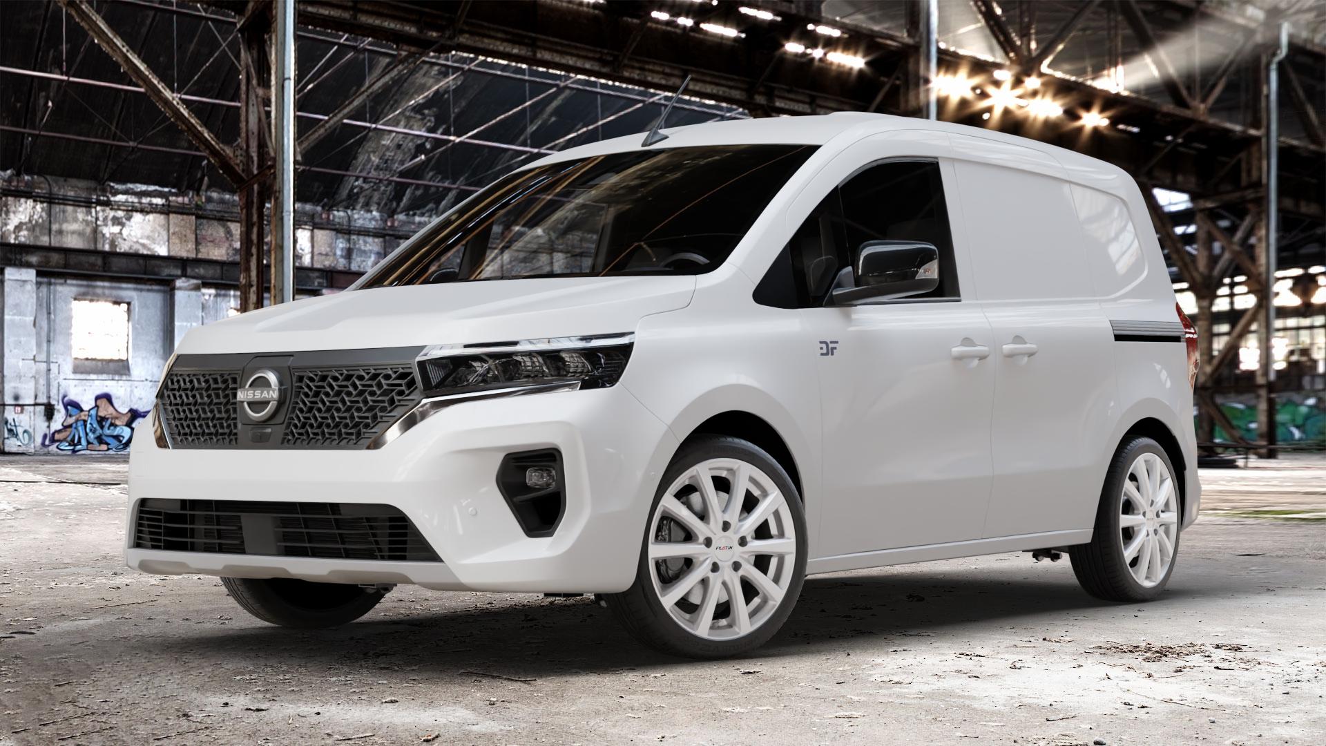 Platin Wheels P 69 polarsilber Felge mit Reifen in 18Zoll Winterfelge Alufelge auf weissem Nissan Townstar Kastenwagen Typ NFK ⬇️ mit 15mm Tieferlegung ⬇️ Old Industrial Hall_max_4400mm_2024 Frontansicht_1