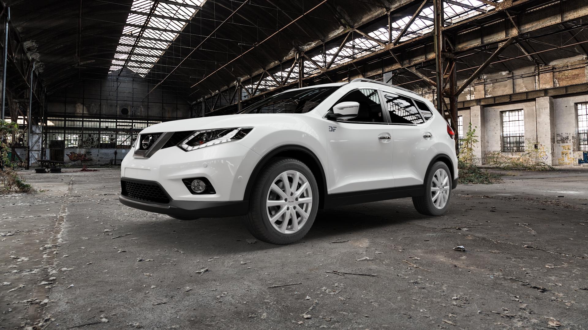 Platin Wheels P 69 polarsilber Felge mit Reifen in 18Zoll Winterfelge Alufelge auf weissem Nissan X-Trail Typ T32 ⬇️ mit 15mm Tieferlegung ⬇️ Old Industrial Hall_max5000mm_2022 Frontansicht_1