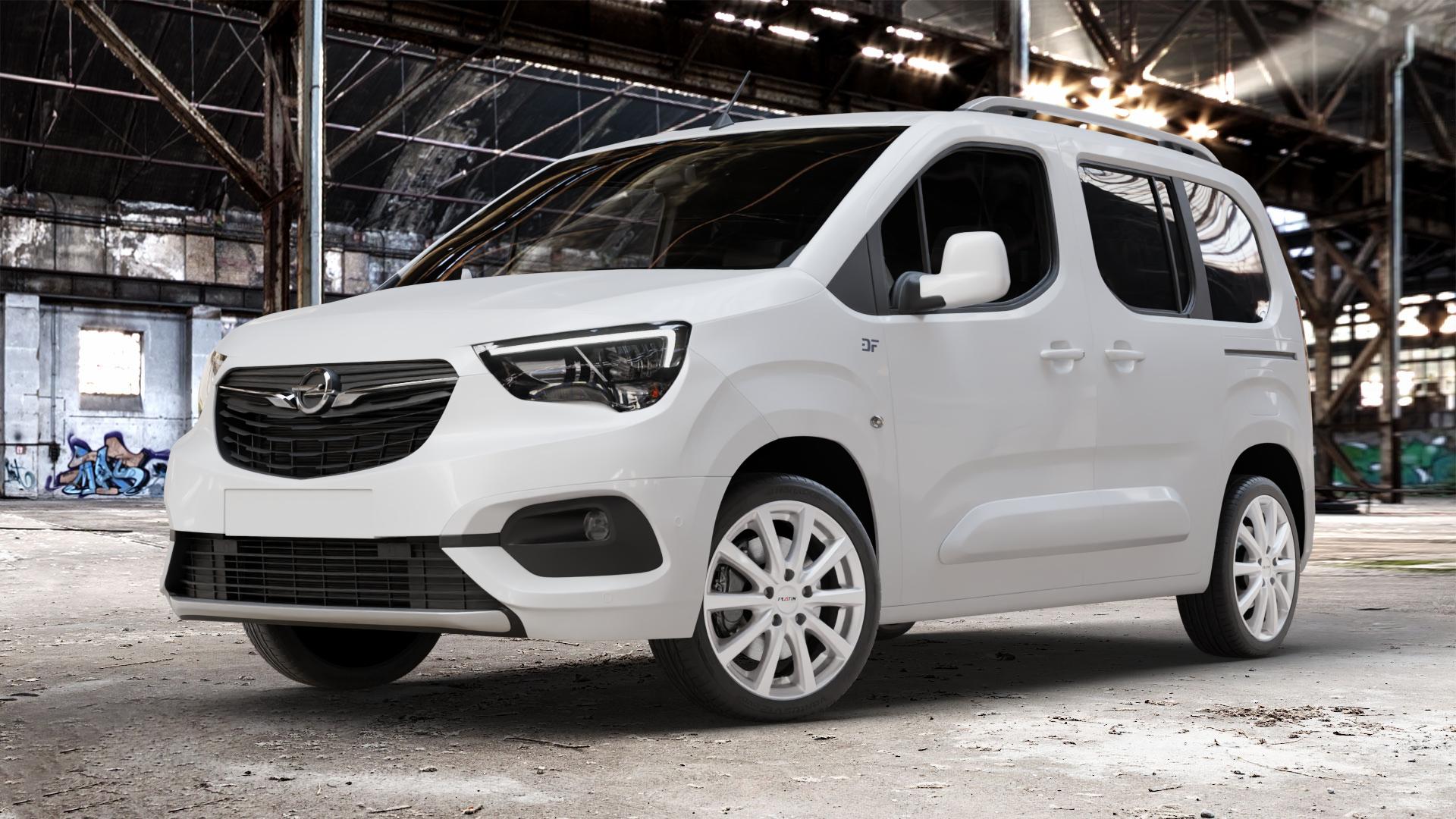 Platin Wheels P 69 polarsilber Felge mit Reifen in 18Zoll Winterfelge Alufelge auf weissem Opel Combo E Life ⬇️ mit 15mm Tieferlegung ⬇️ Old Industrial Hall_max_4400mm_2024 Frontansicht_1