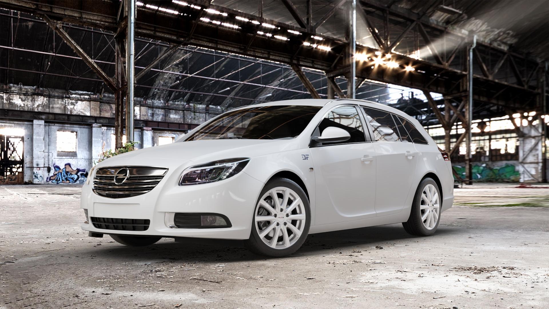 Platin Wheels P 69 polarsilber Felge mit Reifen in 18Zoll Winterfelge Alufelge auf weissem Opel Insignia I Sports Tourer Facelift ⬇️ mit 15mm Tieferlegung ⬇️ Old Industrial Hall_max_5300mm_2024 Frontansicht_1