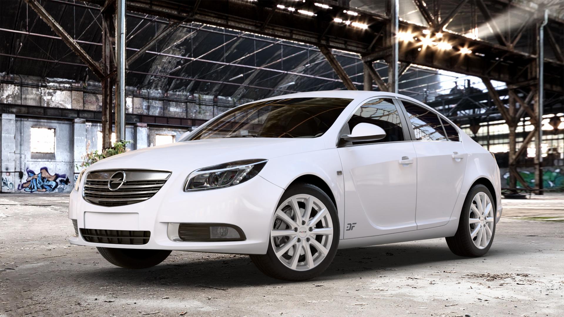 Platin Wheels P 69 polarsilber Felge mit Reifen in 18Zoll Winterfelge Alufelge auf weissem Opel Insignia I Stufenheck Fließheck Facelift ⬇️ mit 15mm Tieferlegung ⬇️ Old Industrial Hall_max_4400mm_2024 Frontansicht_1