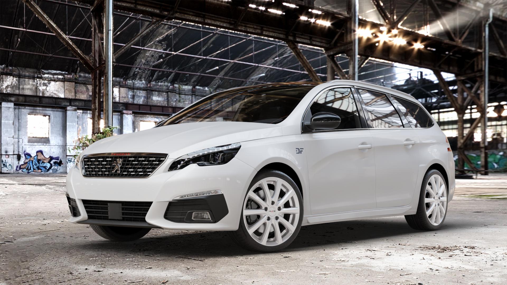 Platin Wheels P 69 polarsilber Felge mit Reifen in 18Zoll Winterfelge Alufelge auf weissem Peugeot 308 SW II Typ L Facelift ⬇️ mit 15mm Tieferlegung ⬇️ Old Industrial Hall_max_4400mm_2024 Frontansicht_1