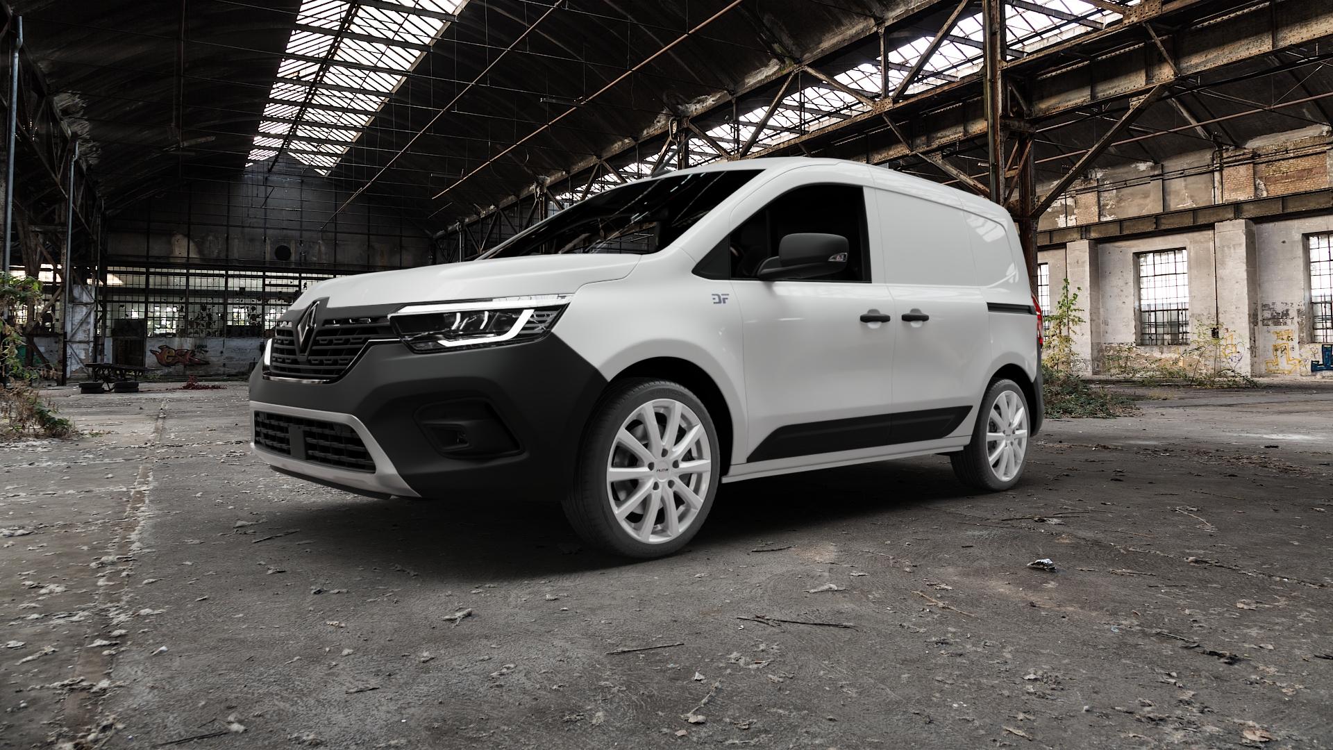 Platin Wheels P 69 polarsilber Felge mit Reifen in 18Zoll Winterfelge Alufelge auf weissem Renault Kangoo III Rapid Typ RFK ⬇️ mit 15mm Tieferlegung ⬇️ Old Industrial Hall_max5000mm_2022 Frontansicht_1