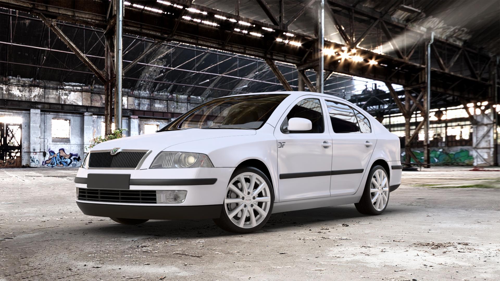 Platin Wheels P 69 polarsilber Felge mit Reifen in 18Zoll Winterfelge Alufelge auf weissem Skoda Octavia II Limousine Typ 1Z3 1,4l 55kW (75 PS) 59kW (80 1,6l 75kW (102 FSI 85kW (116 1,8l TSI 118kW (160 1,2l 77kW (105 90kW (122 TDI I 1U2 ⬇️ mit 15mm Tieferlegung ⬇️ Old Industrial Hall_max_5300mm_2024 Frontansicht_1