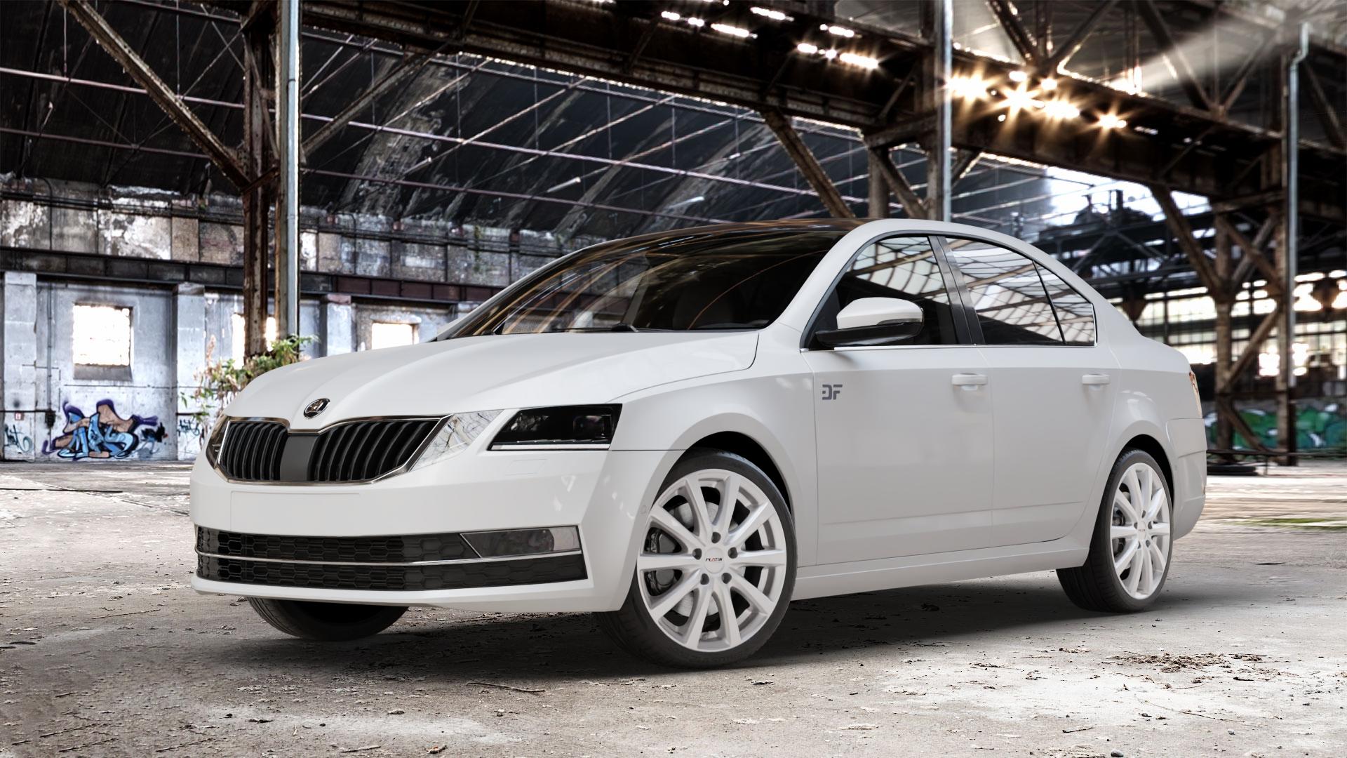 Platin Wheels P 69 polarsilber Felge mit Reifen in 18Zoll Winterfelge Alufelge auf weissem Skoda Octavia III Limousine Typ 5E Facelift ⬇️ mit 15mm Tieferlegung ⬇️ Old Industrial Hall_max_4400mm_2024 Frontansicht_1