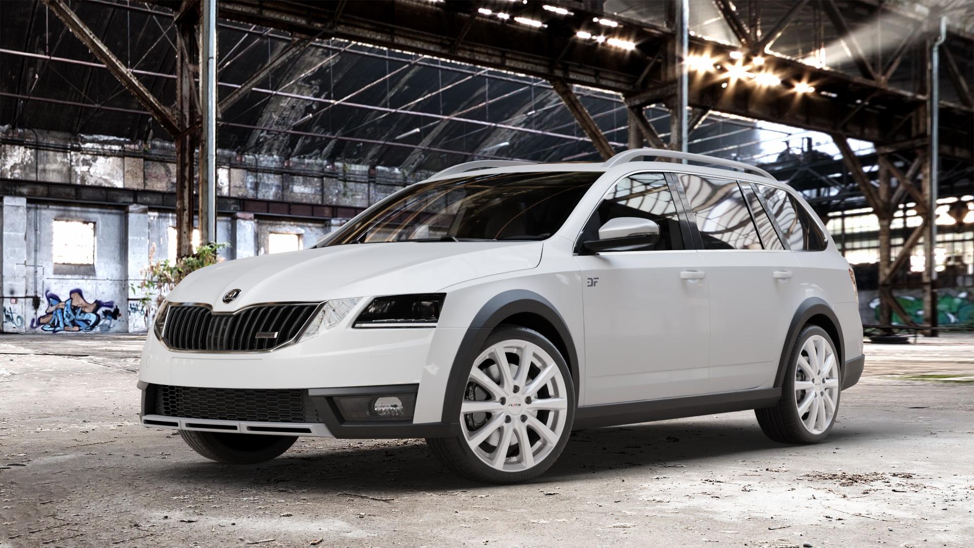 Platin Wheels P 69 polarsilber Felge mit Reifen in 18Zoll Winterfelge Alufelge auf weissem Skoda Octavia III Scout Typ 5E Facelift ⬇️ mit 15mm Tieferlegung ⬇️ Old Industrial Hall_max_4400mm_2024 Frontansicht_1