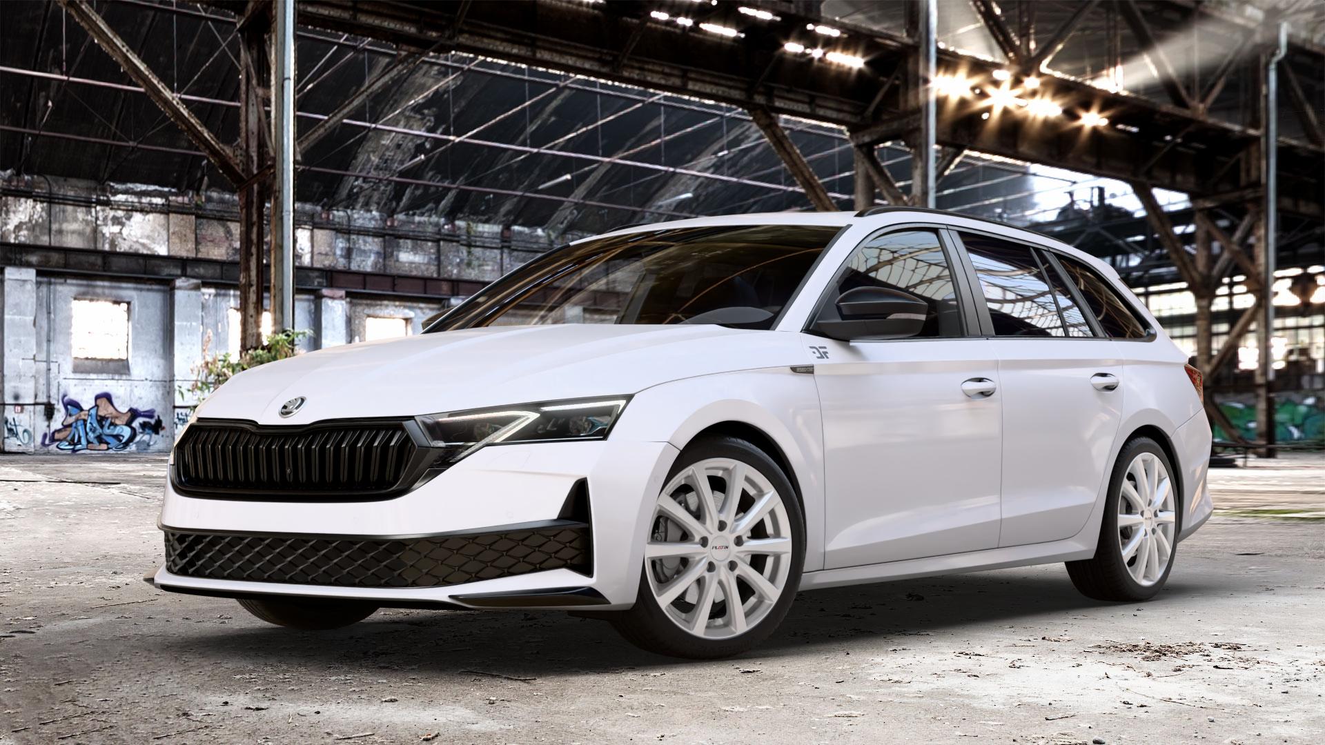 Platin Wheels P 69 polarsilber Felge mit Reifen in 18Zoll Winterfelge Alufelge auf weissem Skoda Octavia IV Kombi Typ NX Facelift 1,5l TSI 85kW (116 PS) Mild-Hybrid 110kW (150 2,0l TDI ⬇️ mit 15mm Tieferlegung ⬇️ Old Industrial Hall_max_4400mm_2024 Frontansicht_1