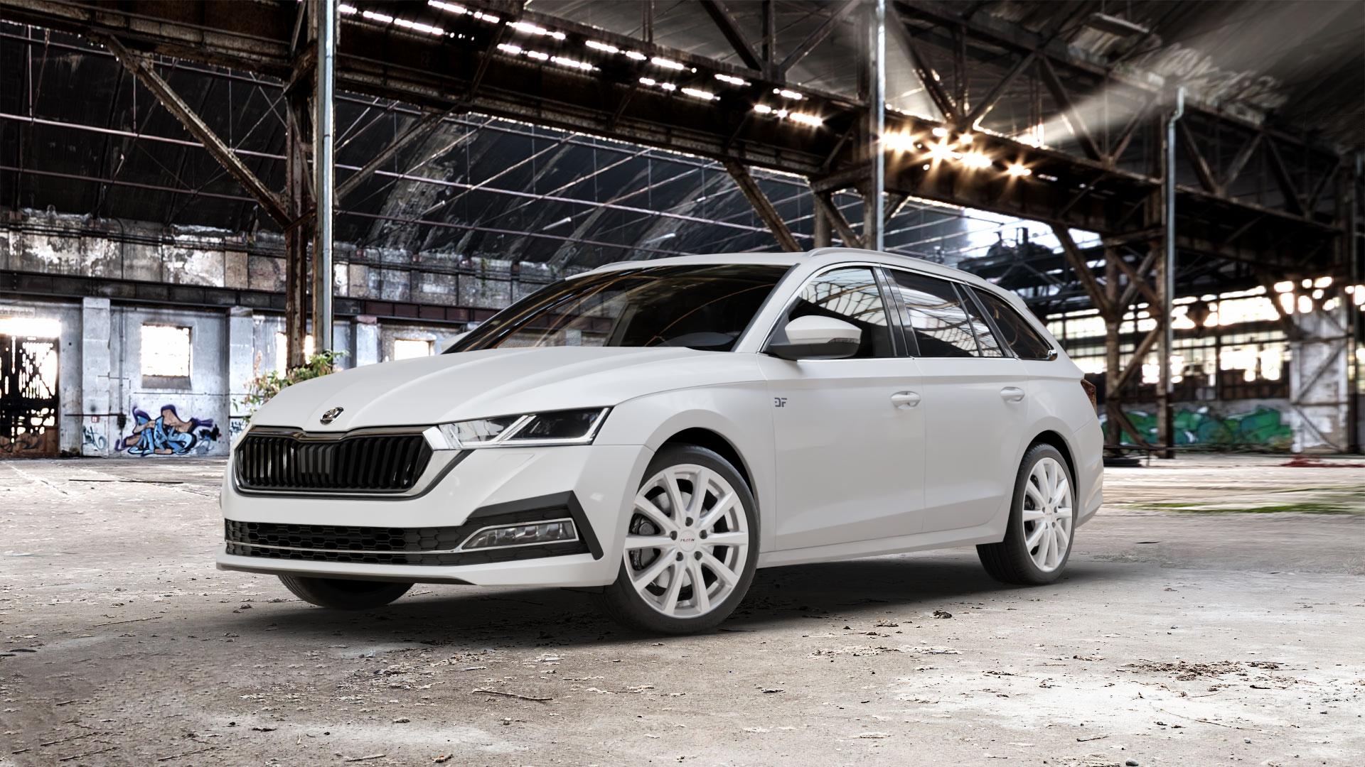 Platin Wheels P 69 polarsilber Felge mit Reifen in 18Zoll Winterfelge Alufelge auf weissem Skoda Octavia IV Kombi Typ NX ⬇️ mit 15mm Tieferlegung ⬇️ Old Industrial Hall_max_5300mm_2024 Frontansicht_1