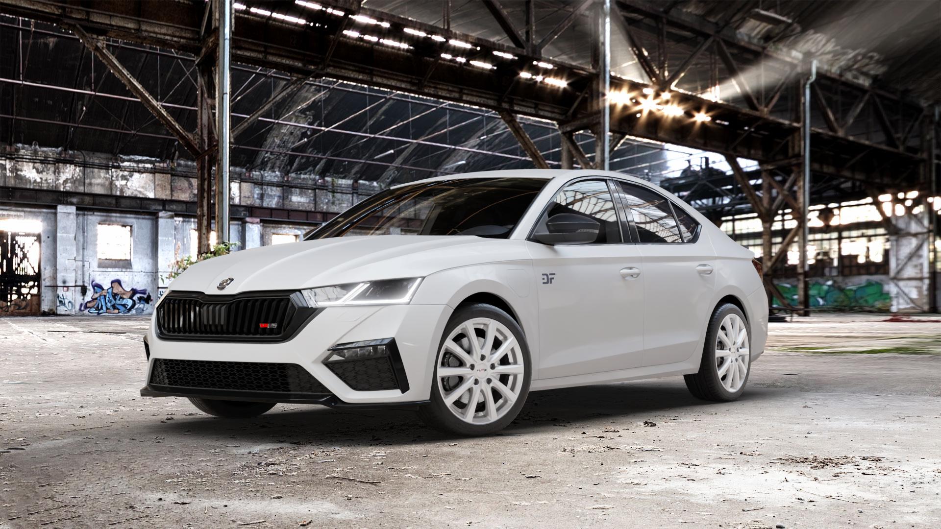 Platin Wheels P 69 polarsilber Felge mit Reifen in 18Zoll Winterfelge Alufelge auf weissem Skoda Octavia IV Limousine Typ NX 2,0l TDI 4x4 147kW (200 PS) TSI 180kW RS (245 1,4l 110kW Hybrid (150 ⬇️ mit 15mm Tieferlegung ⬇️ Old Industrial Hall_max_5300mm_2024 Frontansicht_1