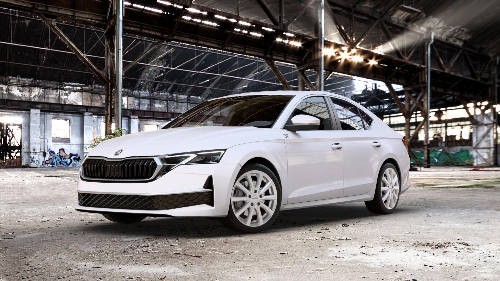 Platin Wheels P 69 polarsilber Felge mit Reifen in 18Zoll Winterfelge Alufelge auf weissem Skoda Octavia IV Limousine Typ NX Facelift 1,5l TSI 85kW Mild-Hybrid (116 PS) 110kW (150 2,0l TDI ⬇️ mit 15mm Tieferlegung ⬇️ Old Industrial Hall_max_5300mm_2024 Frontansicht_1