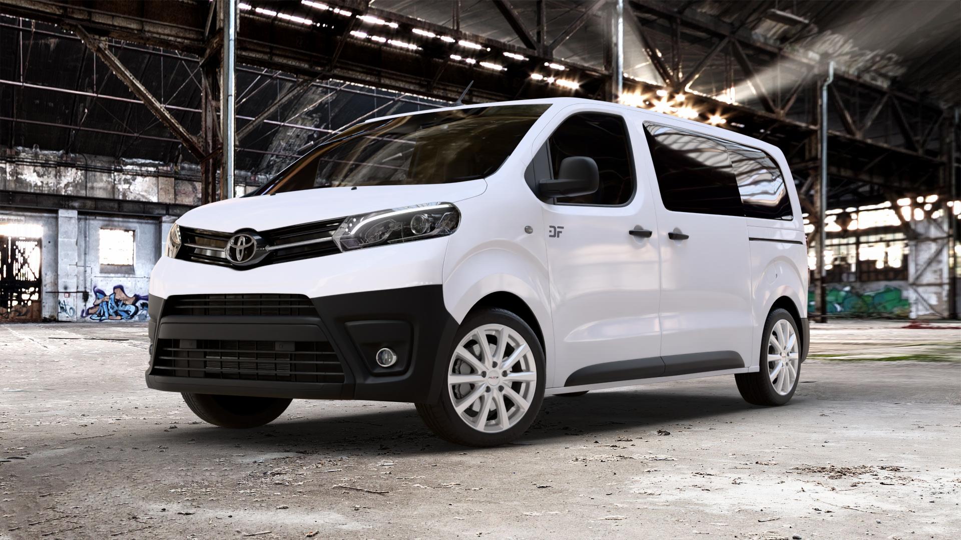 Platin Wheels P 69 polarsilber Felge mit Reifen in 18Zoll Winterfelge Alufelge auf weissem Toyota Proace II Verso Typ V ⬇️ mit 15mm Tieferlegung ⬇️ Old Industrial Hall_max_5300mm_2024 Frontansicht_1
