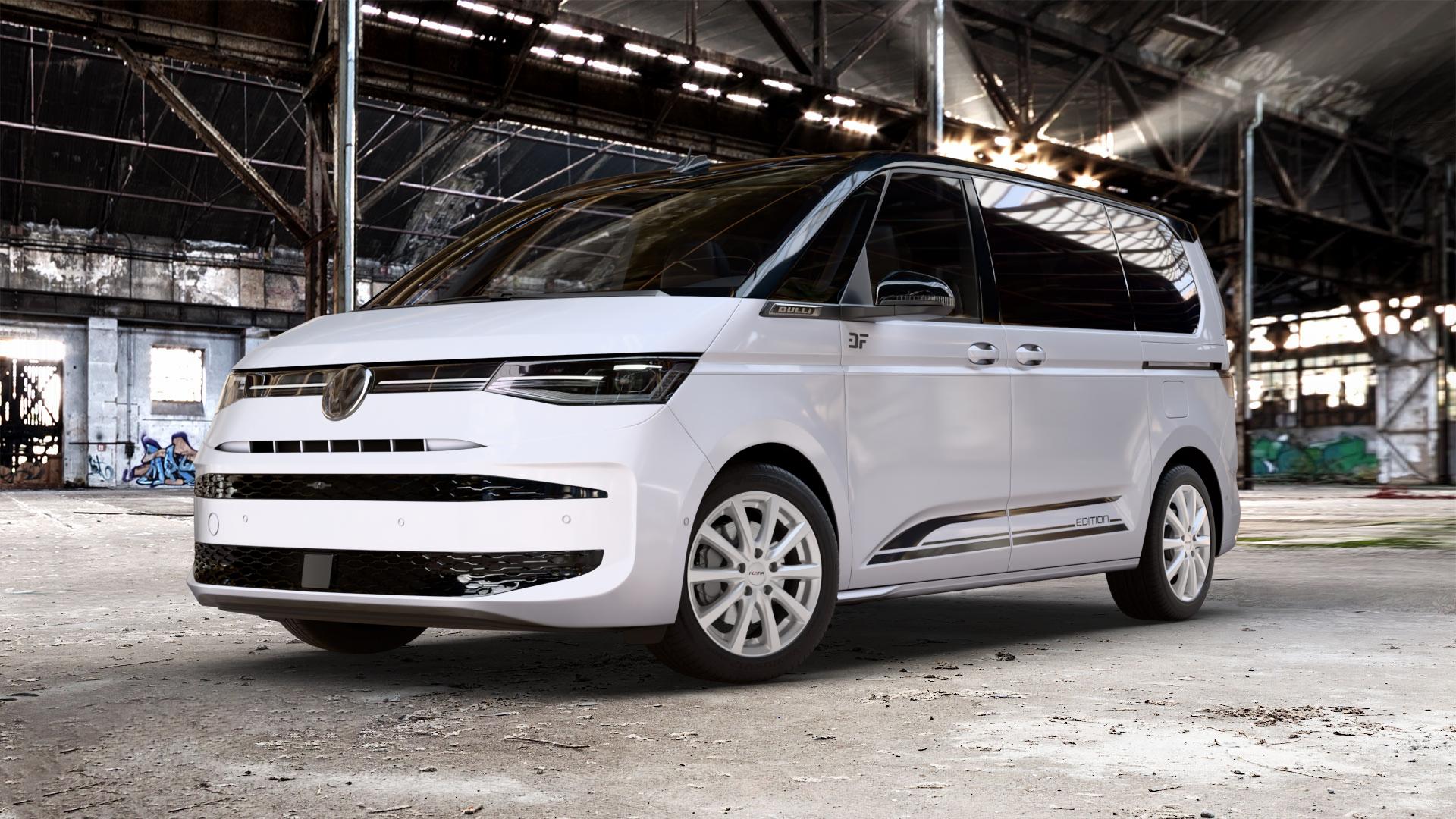 Platin Wheels P 69 polarsilber Felge mit Reifen in 18Zoll Winterfelge Alufelge auf weissem und schwarzem Volkswagen (VW) T7 Multivan Bus ⬇️ mit 15mm Tieferlegung ⬇️ Old Industrial Hall_max_5300mm_2024 Frontansicht_1