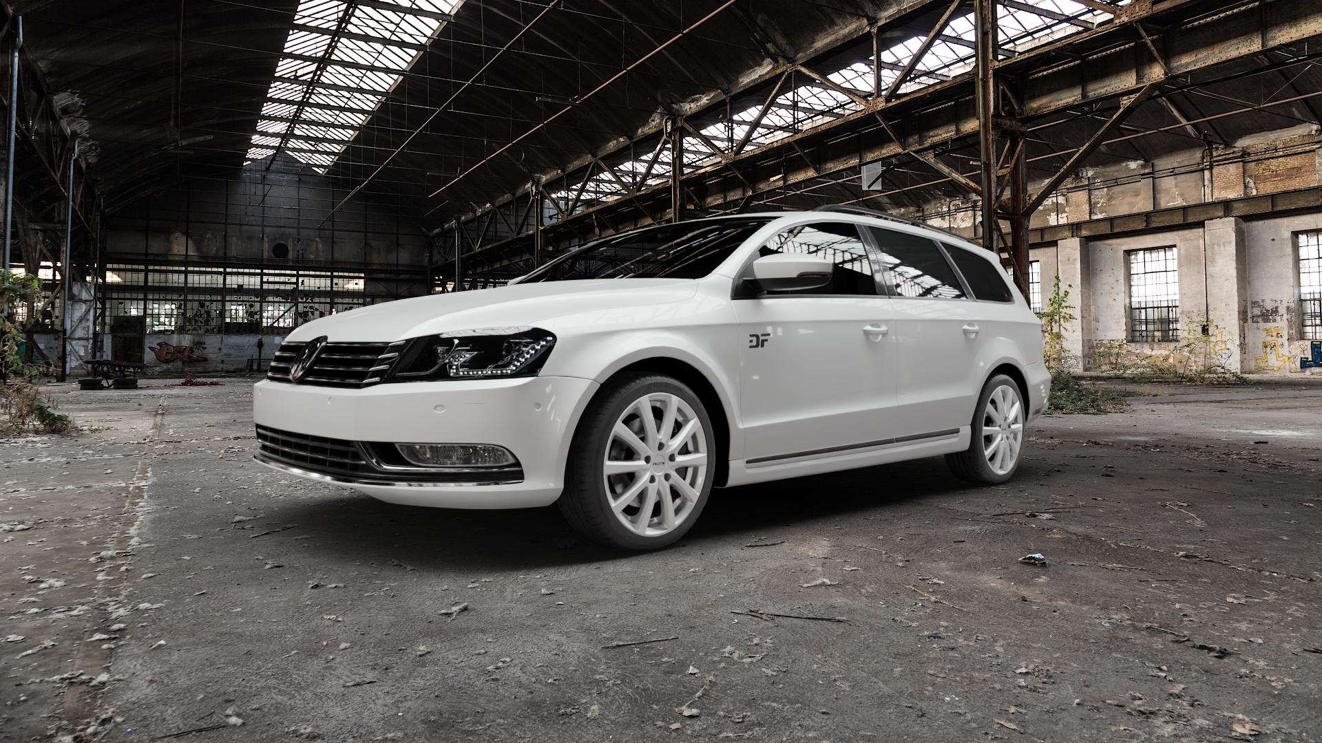 Platin Wheels P 69 polarsilber Felge mit Reifen in 18Zoll Winterfelge Alufelge auf weissem Volkswagen (VW) Passat 3C/B7 Variant ⬇️ mit 15mm Tieferlegung ⬇️ Old Industrial Hall_max5000mm_2022 Frontansicht_1