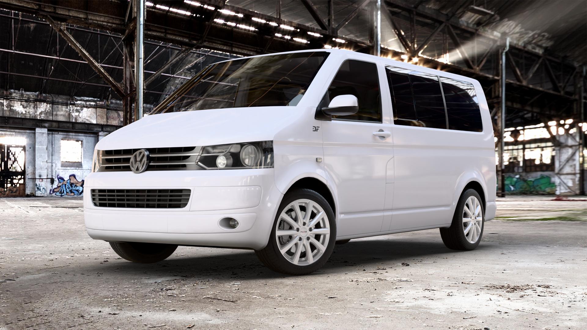 Platin Wheels P 69 polarsilber Felge mit Reifen in 18Zoll Winterfelge Alufelge auf weissem Volkswagen (VW) T5 Caravelle 2,0l TDI 62kW (84 PS) 84kW (114 103kW (140 75kW (102 100kW (136 132kW (179 TSI 150kW (204 110kW (150 4Motion Kombi Multivan ⬇️ mit 15mm Tieferlegung ⬇️ Old Industrial Hall_max_5300mm_2024 Frontansicht_1