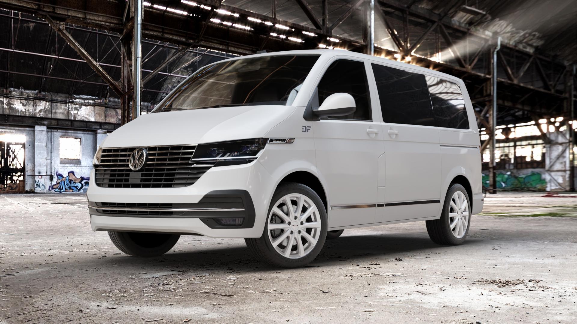Platin Wheels P 69 polarsilber Felge mit Reifen in 18Zoll Winterfelge Alufelge auf weissem Volkswagen (VW) T6.1 Kombi Multivan ⬇️ mit 15mm Tieferlegung ⬇️ Old Industrial Hall_max_5300mm_2024 Frontansicht_1