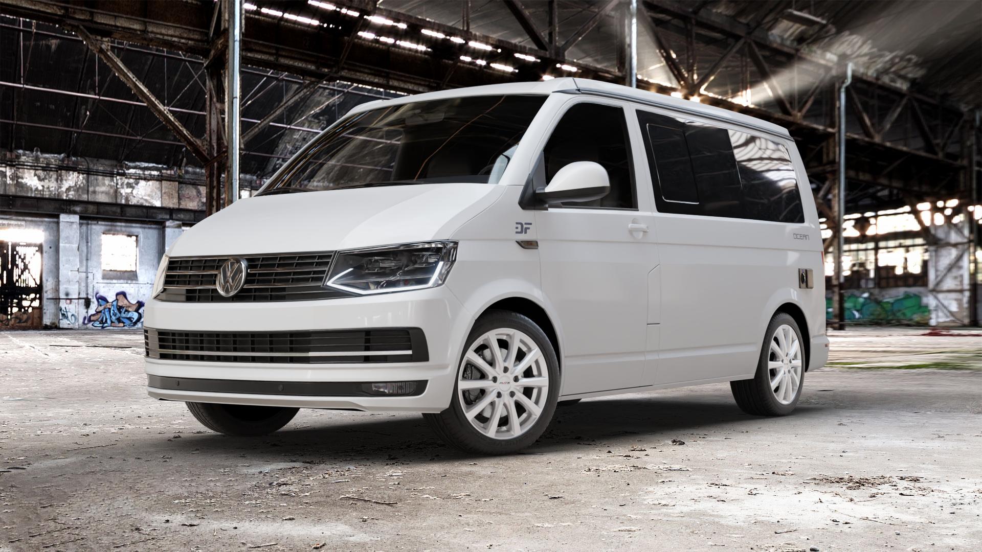 Platin Wheels P 69 polarsilber Felge mit Reifen in 18Zoll Winterfelge Alufelge auf weissem Volkswagen (VW) T6 California Beach ⬇️ mit 15mm Tieferlegung ⬇️ Old Industrial Hall_max_5300mm_2024 Frontansicht_1