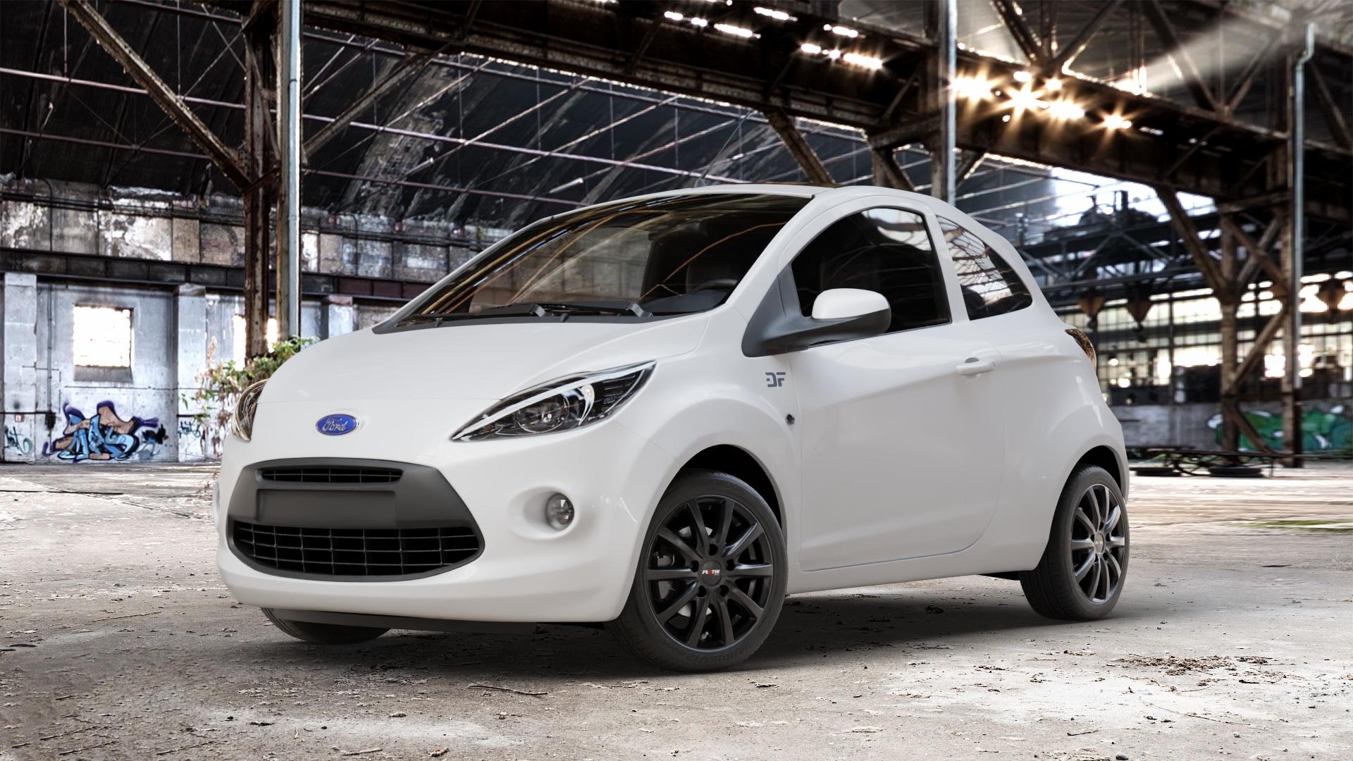 Platin Wheels P 69 schwarz matt Felge mit Reifen in 15Zoll Winterfelge Alufelge auf weissem Ford KA Typ RU8 ⬇️ mit 15mm Tieferlegung ⬇️ Old Industrial Hall_max_4400mm_2024 Frontansicht_1