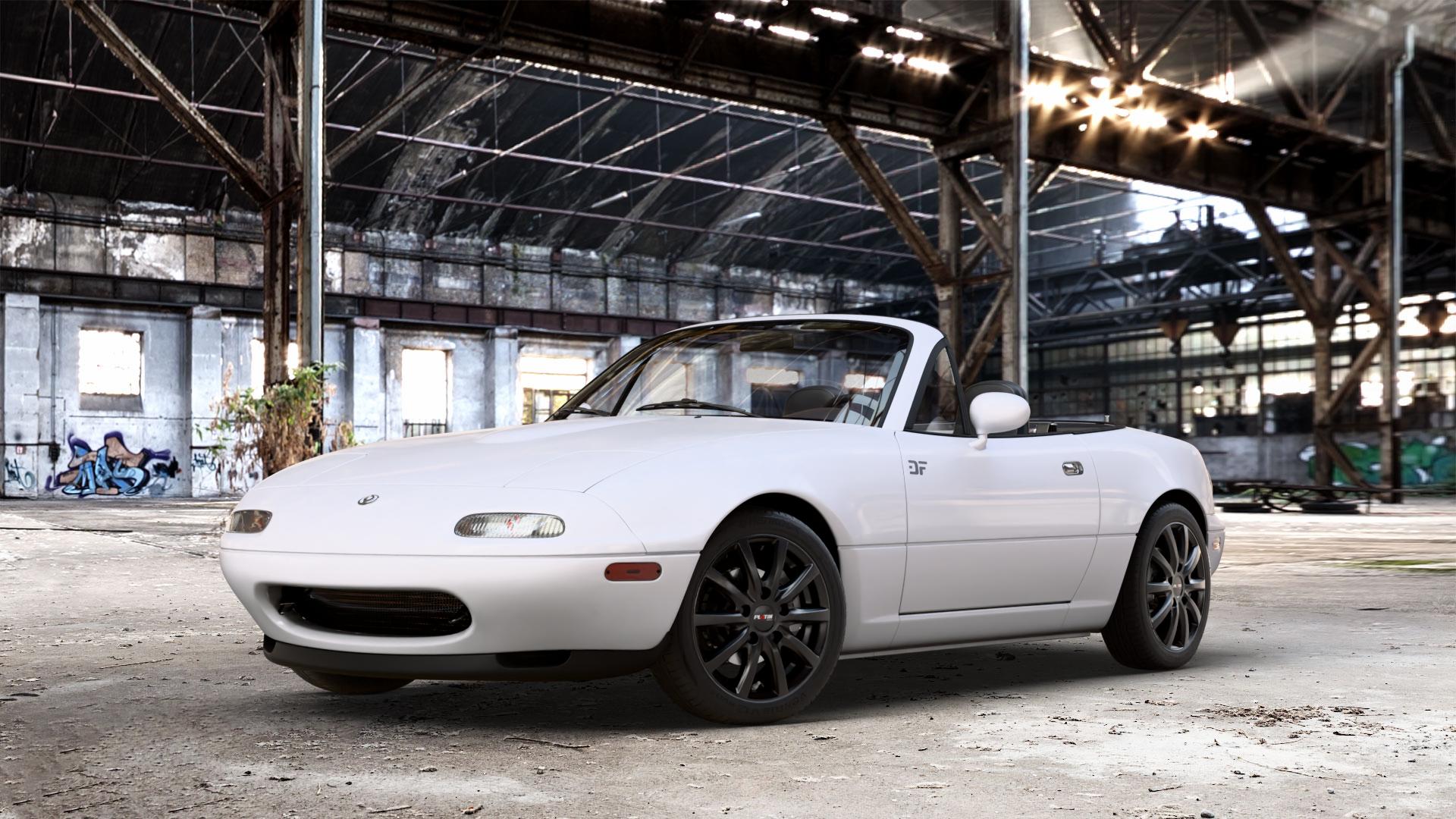 Platin Wheels P 69 schwarz matt Felge mit Reifen in 15Zoll Winterfelge Alufelge auf weissem Mazda MX-5 I (NA) ⬇️ mit 15mm Tieferlegung ⬇️ Old Industrial Hall_max_4400mm_2024 Frontansicht_1
