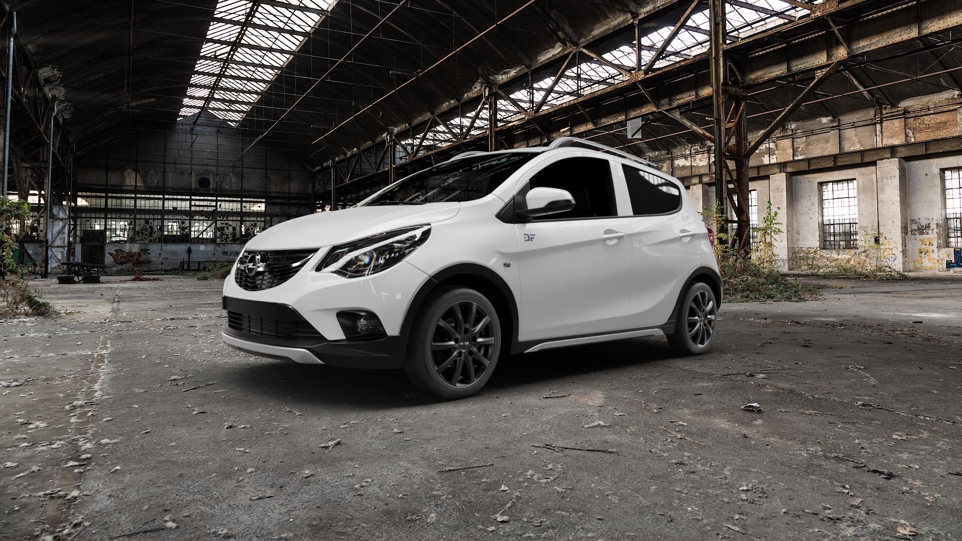 Platin Wheels P 69 schwarz matt Felge mit Reifen in 15Zoll Winterfelge Alufelge auf weissem Opel Karl Rocks Typ D-A ⬇️ mit 15mm Tieferlegung ⬇️ Old Industrial Hall_max5000mm_2022 Frontansicht_1