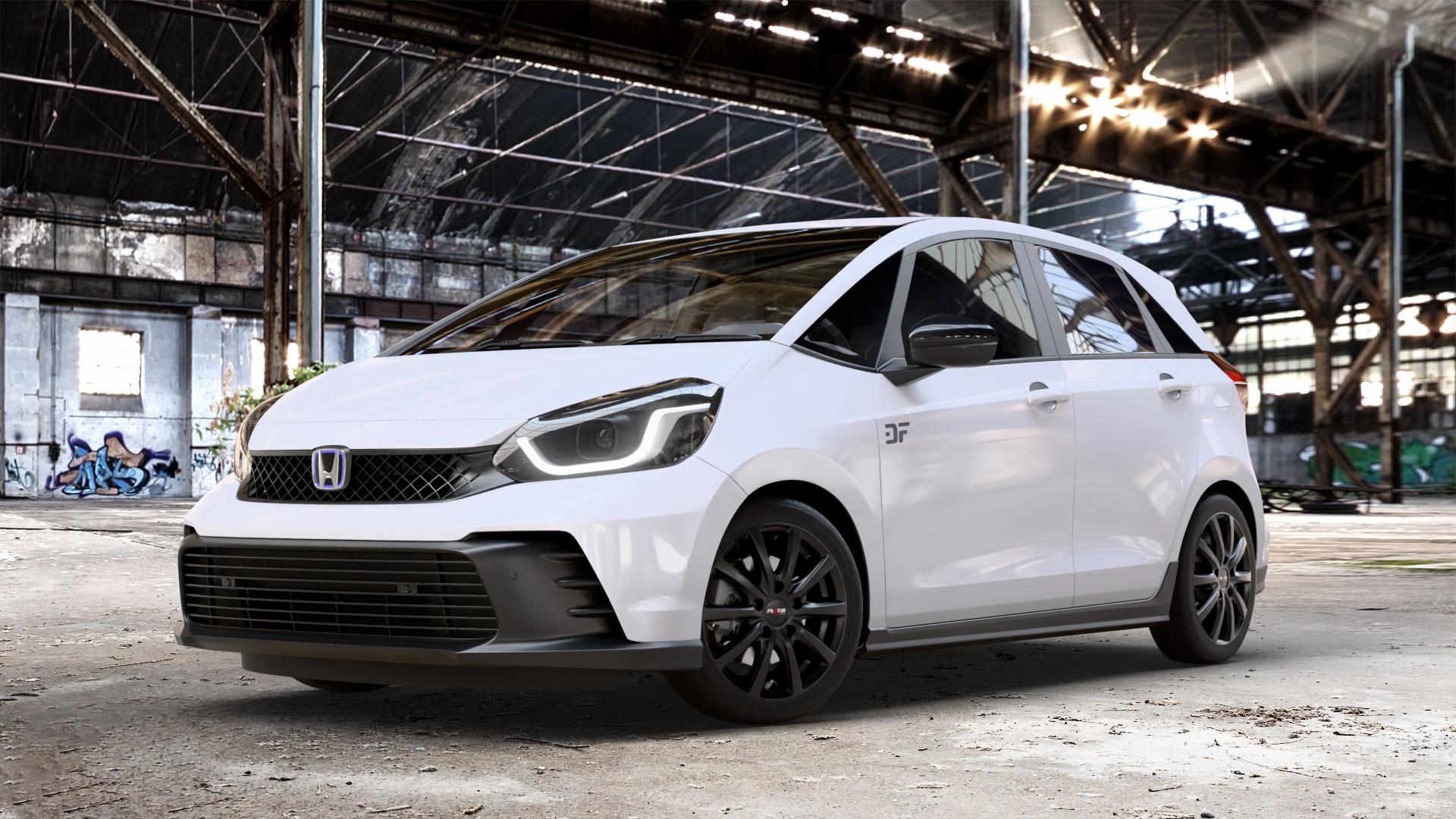 Platin Wheels P 69 schwarz matt Felge mit Reifen in 16Zoll Winterfelge Alufelge auf weissem Honda Jazz V (GR) Facelift 1,5l e:HEV 79kW Mild-Hybrid (107 PS) ⬇️ mit 15mm Tieferlegung ⬇️ Old Industrial Hall_max_4400mm_2024 Frontansicht_1