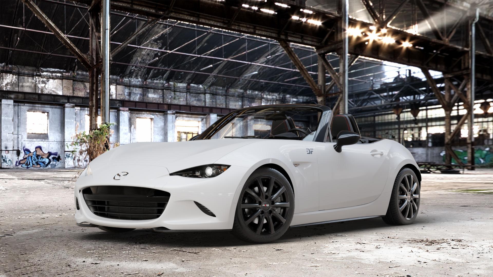Platin Wheels P 69 schwarz matt Felge mit Reifen in 16Zoll Winterfelge Alufelge auf weissem Mazda MX-5 IV (ND) ⬇️ mit 15mm Tieferlegung ⬇️ Old Industrial Hall_max_4400mm_2024 Frontansicht_1