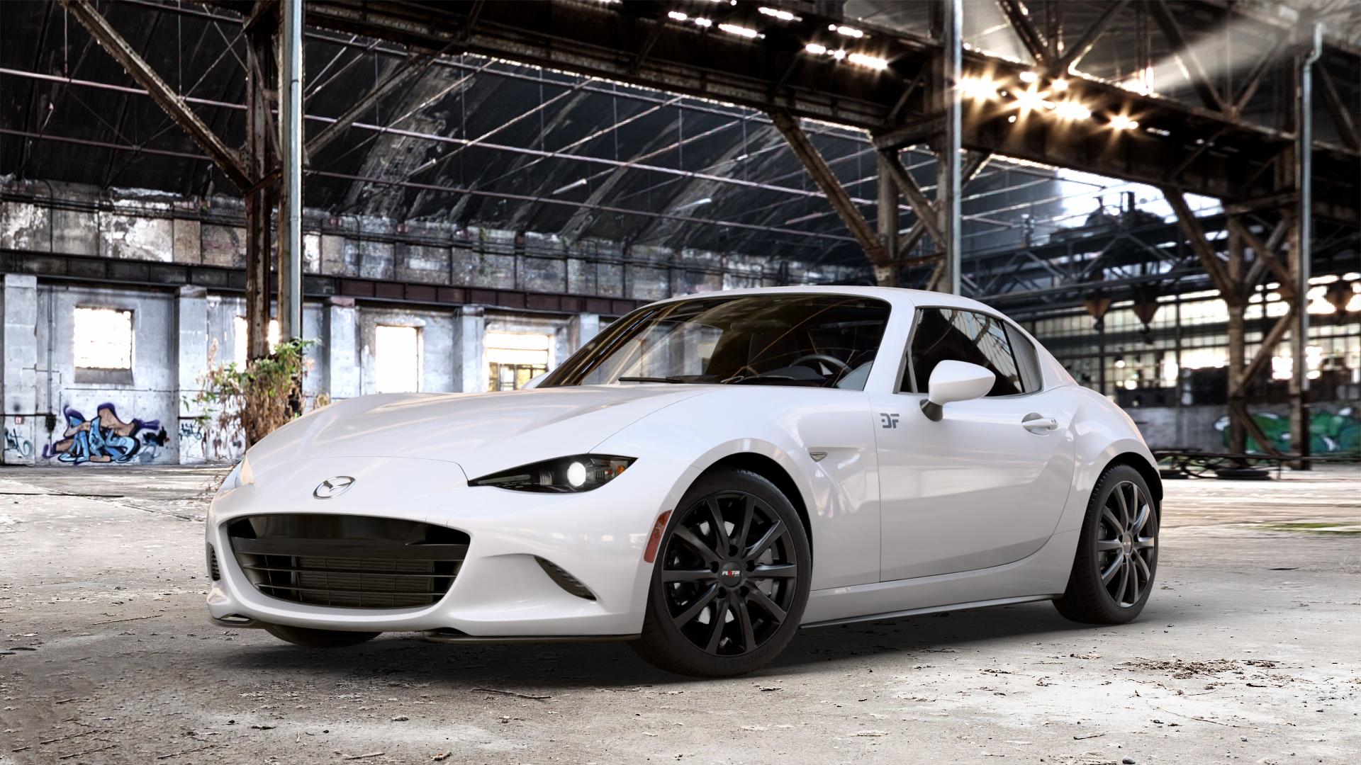 Platin Wheels P 69 schwarz matt Felge mit Reifen in 16Zoll Winterfelge Alufelge auf weissem Mazda MX-5 IV RF (ND) ⬇️ mit 15mm Tieferlegung ⬇️ Old Industrial Hall_max_4400mm_2024 Frontansicht_1