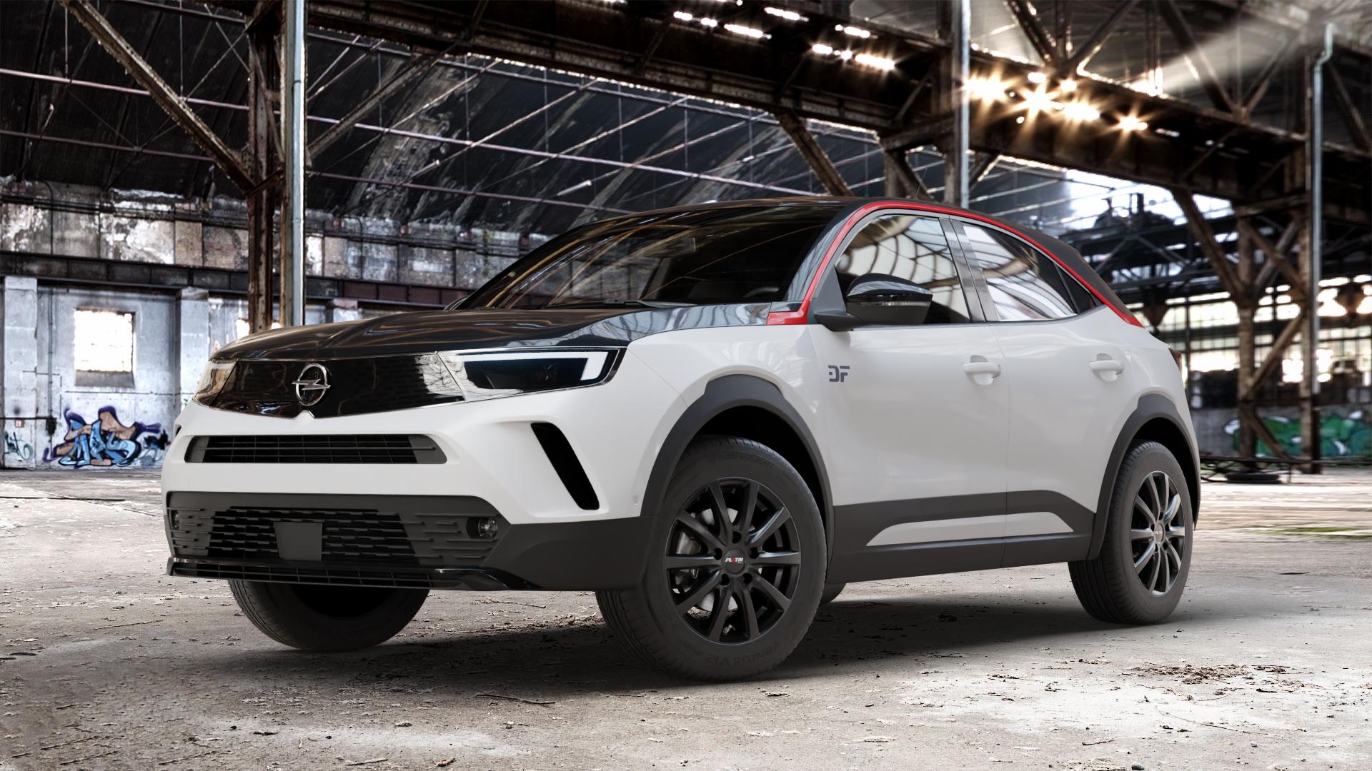 Platin Wheels P 69 schwarz matt Felge mit Reifen in 16Zoll Winterfelge Alufelge auf weissem Opel Mokka Typ U 1,2l Turbo 74kW (101 PS) 96kW (131 1,5l D 81kW (110 ⬇️ mit 15mm Tieferlegung ⬇️ Old Industrial Hall_max_4400mm_2024 Frontansicht_1