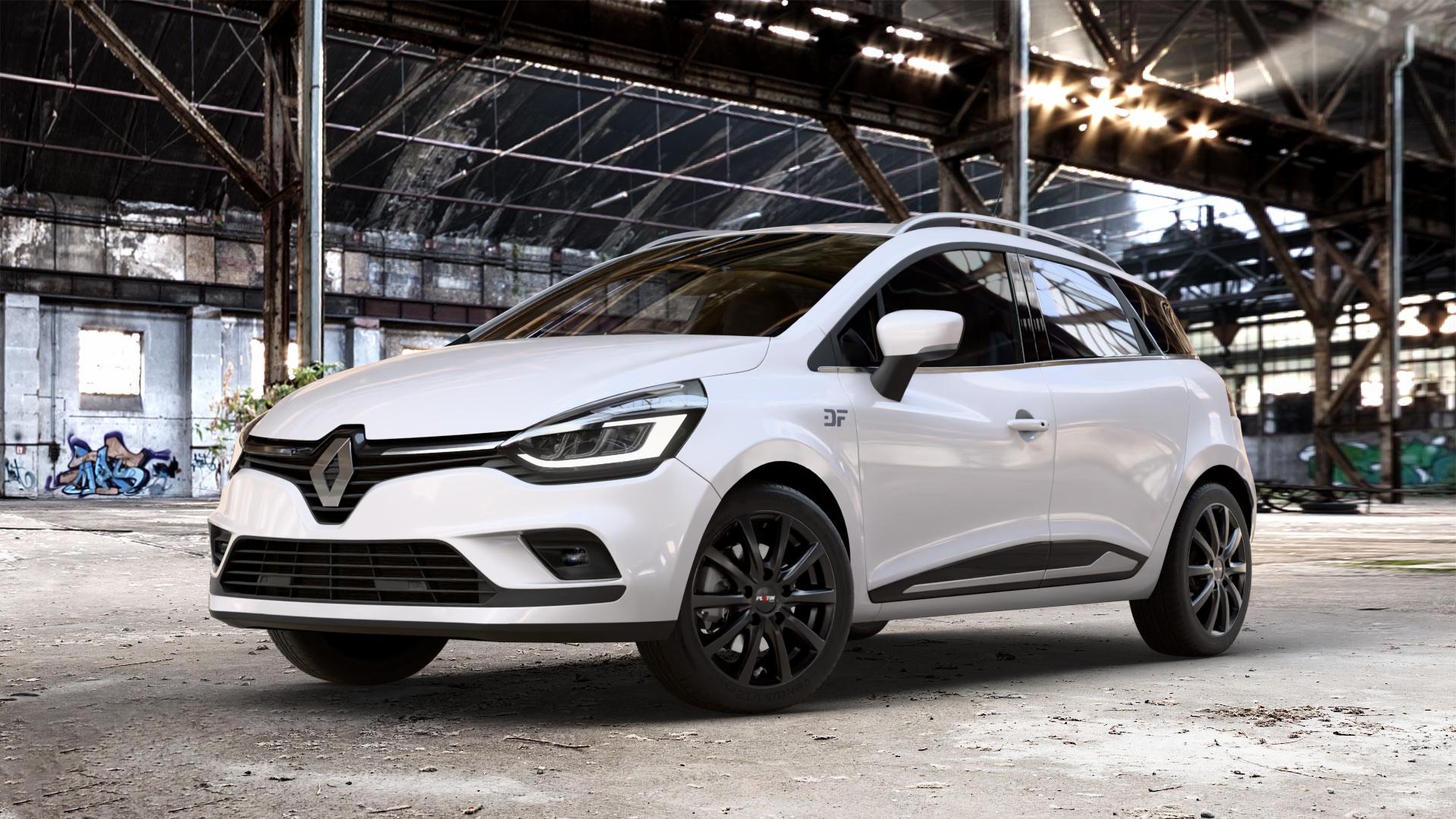 Platin Wheels P 69 schwarz matt Felge mit Reifen in 16Zoll Winterfelge Alufelge auf weissem Renault Clio IV Grandtour Typ R Facelift ⬇️ mit 15mm Tieferlegung ⬇️ Old Industrial Hall_max_4400mm_2024 Frontansicht_1