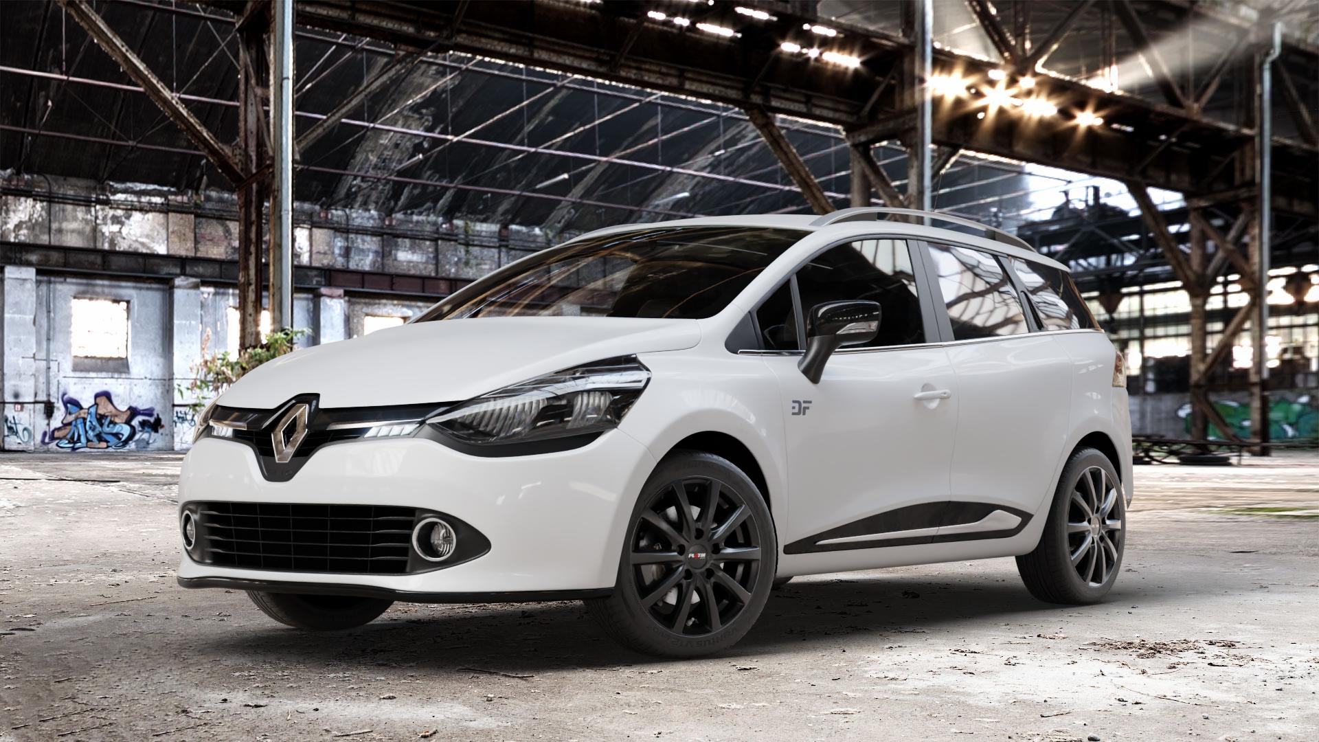 Platin Wheels P 69 schwarz matt Felge mit Reifen in 16Zoll Winterfelge Alufelge auf weissem Renault Clio IV Grandtour Typ R ⬇️ mit 15mm Tieferlegung ⬇️ Old Industrial Hall_max_4400mm_2024 Frontansicht_1